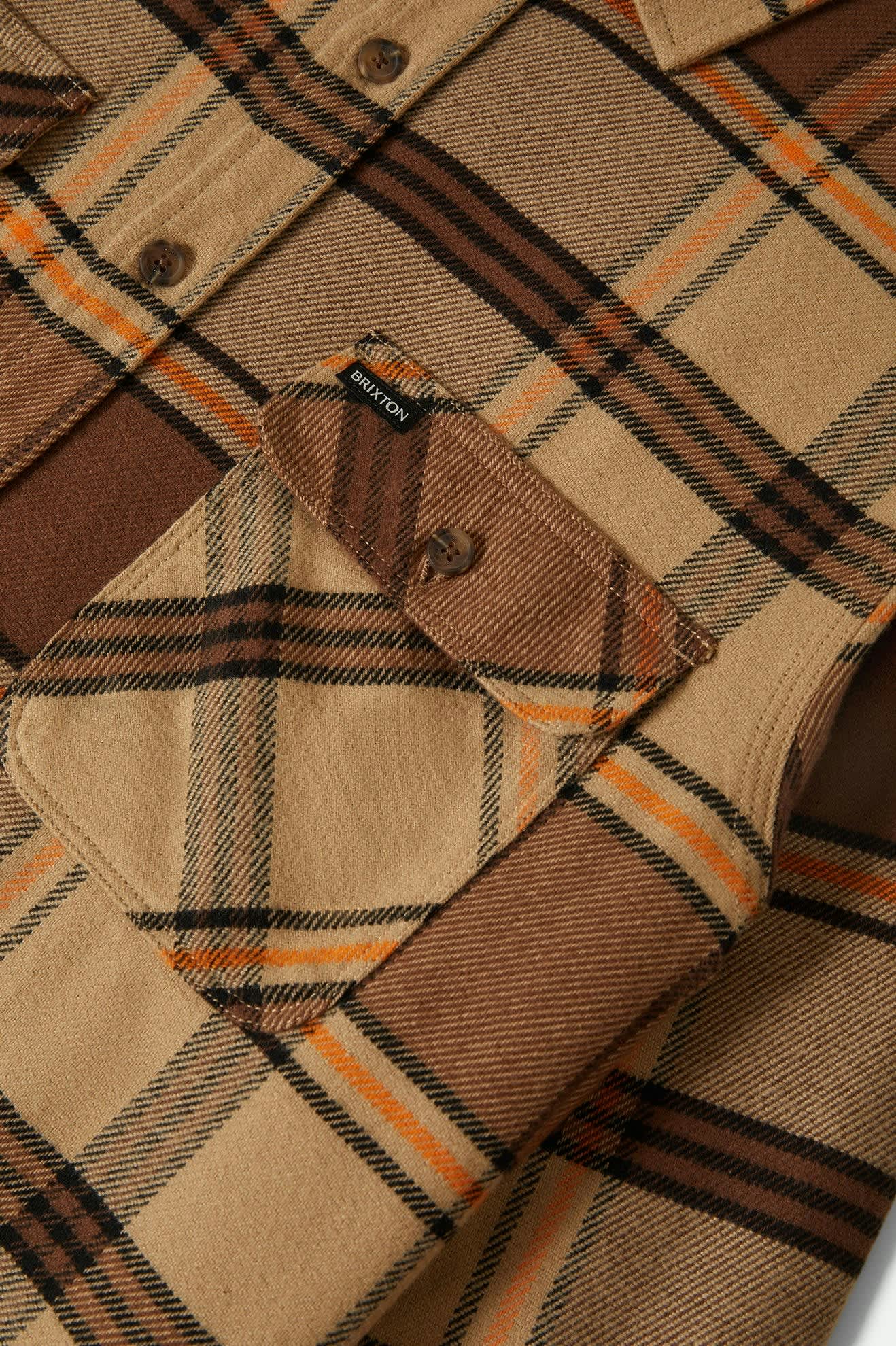 Men's Bowery L/S Flannel in the color Sand/Pinecone/Solar Orange - Additional Laydown image
