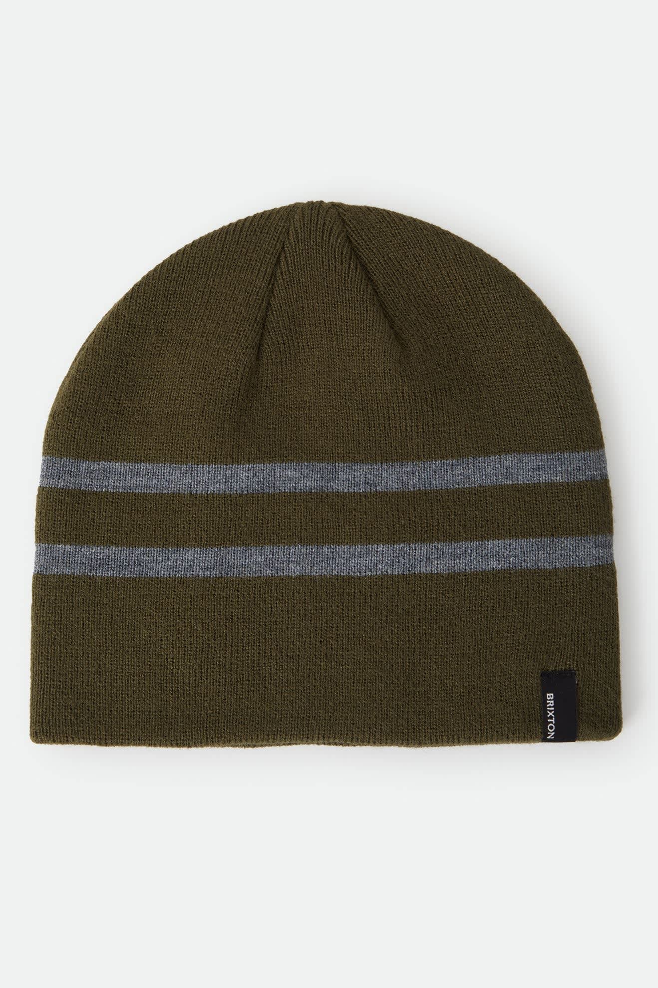 Unisex Skully Beanie in the color Dark Olive/Heather Grey Stripe - Front Product View