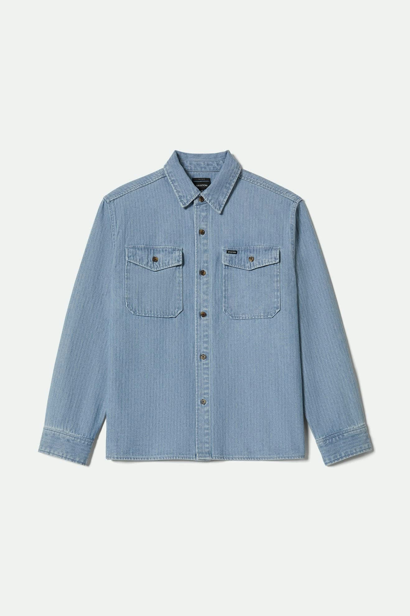 Men's Herringbone Relaxed L/S Overshirt in the color Light Wash Denim Herringbone - Front Product View