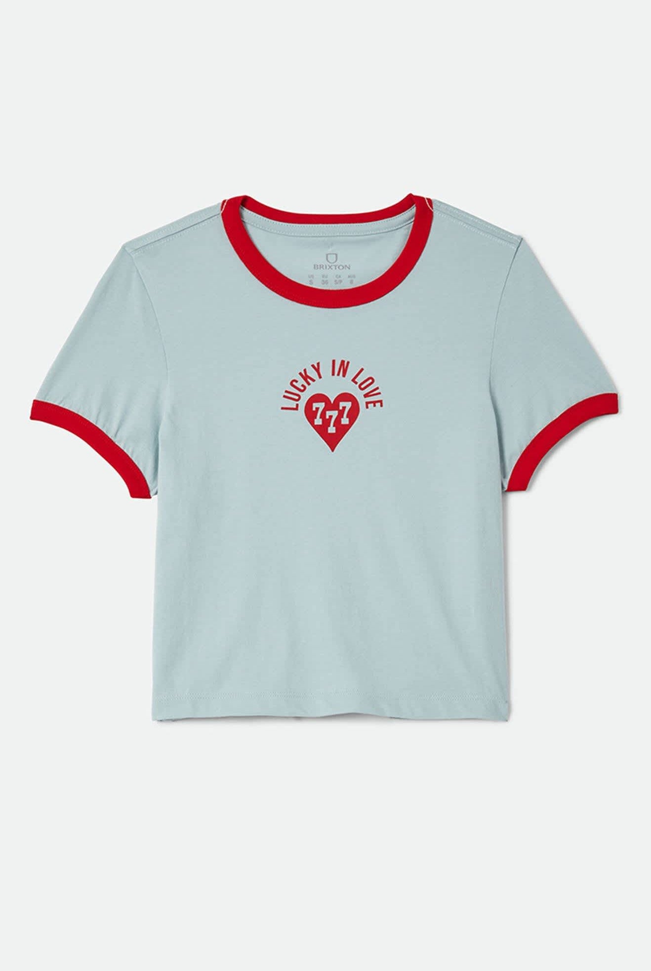 Women's Lucky In Love Baby T-Shirt in the color Sea Grass/Adrenaline Red - Front Product View