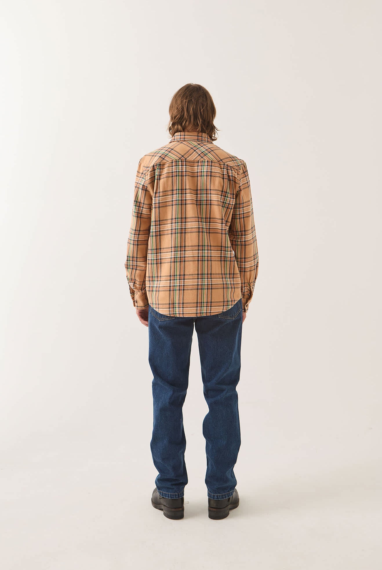 Men's Bowery Flannel in the color Khaki/Multi - Men's Back View
