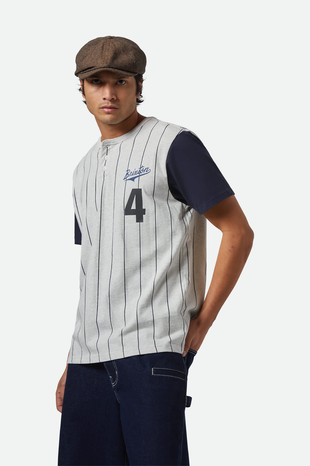 Men's The League Baseball T-Shirt in the color Heather Grey Ash/Washed Navy - Men's Side View