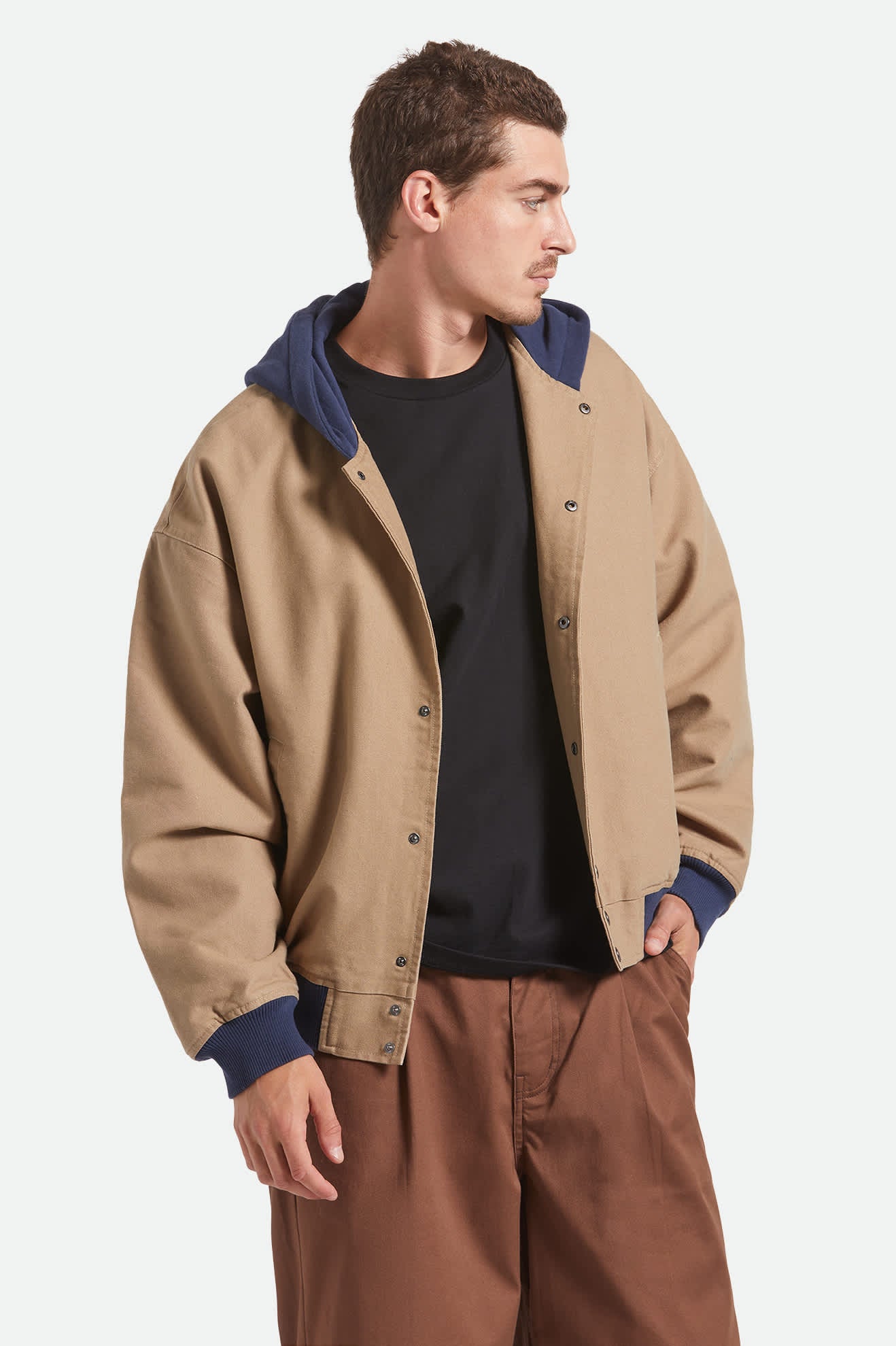Men's Canvas Hooded Bomber Jacket in the color Khaki/Mood Indigo - Men's Front View