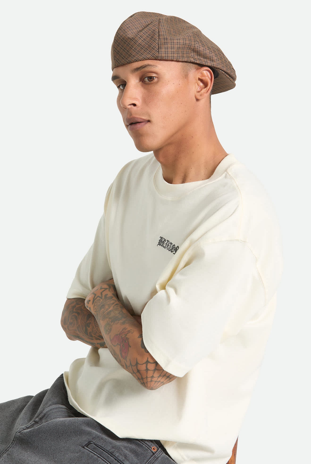 Unisex Hooligan Lightweight Flat Cap in the color Grey/Brown/Gold - Men's Front View