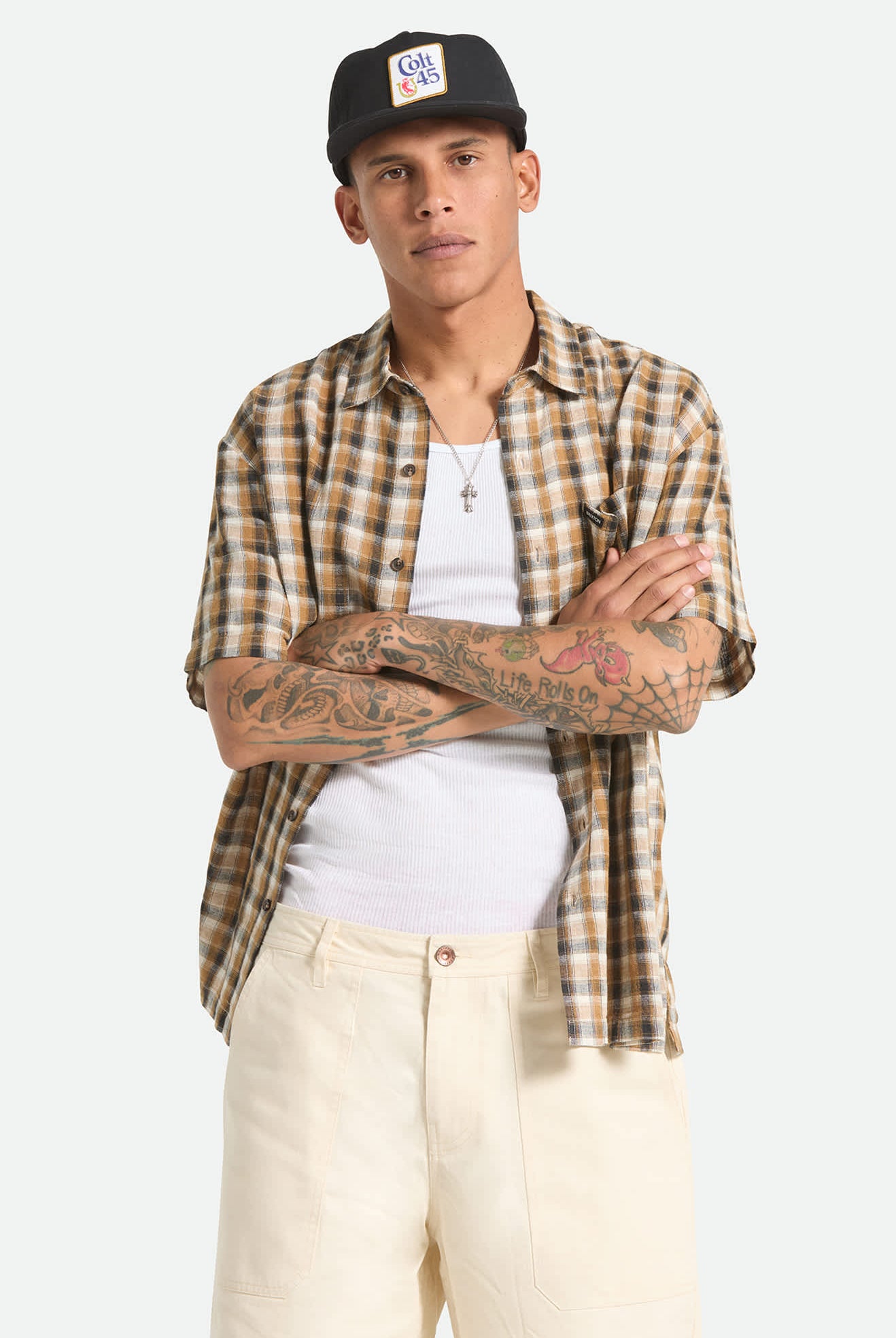 Men's Cru Linen Blend Plaid Short Sleeve Shirt in the color Black/Tobacco Plaid - Men's Front View