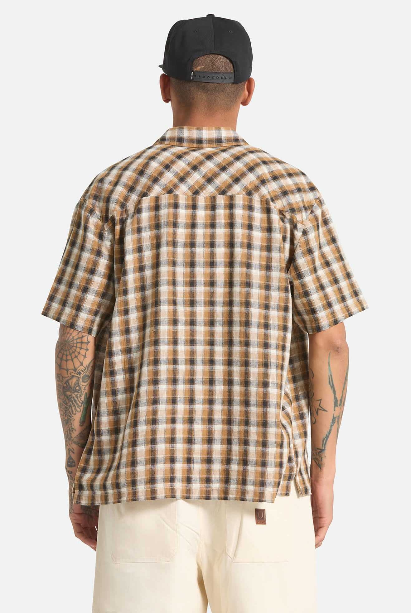 Men's Cru Linen Blend Plaid Short Sleeve Shirt in the color Black/Tobacco Plaid - Men's Back View