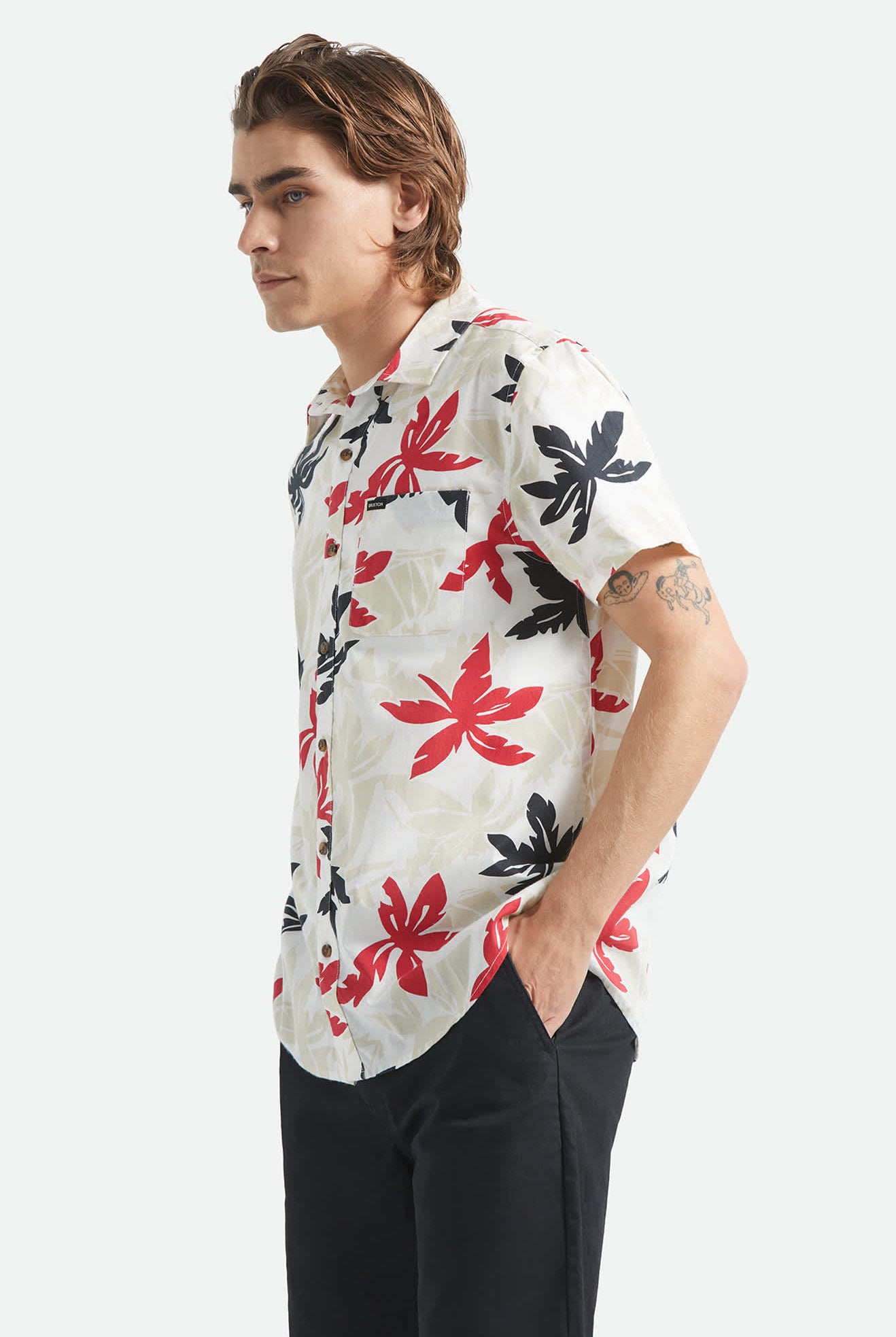 Men's Charter Print Short Sleeve Shirt in the color Off White/Black/Red Palm Floral - Additional Fit image