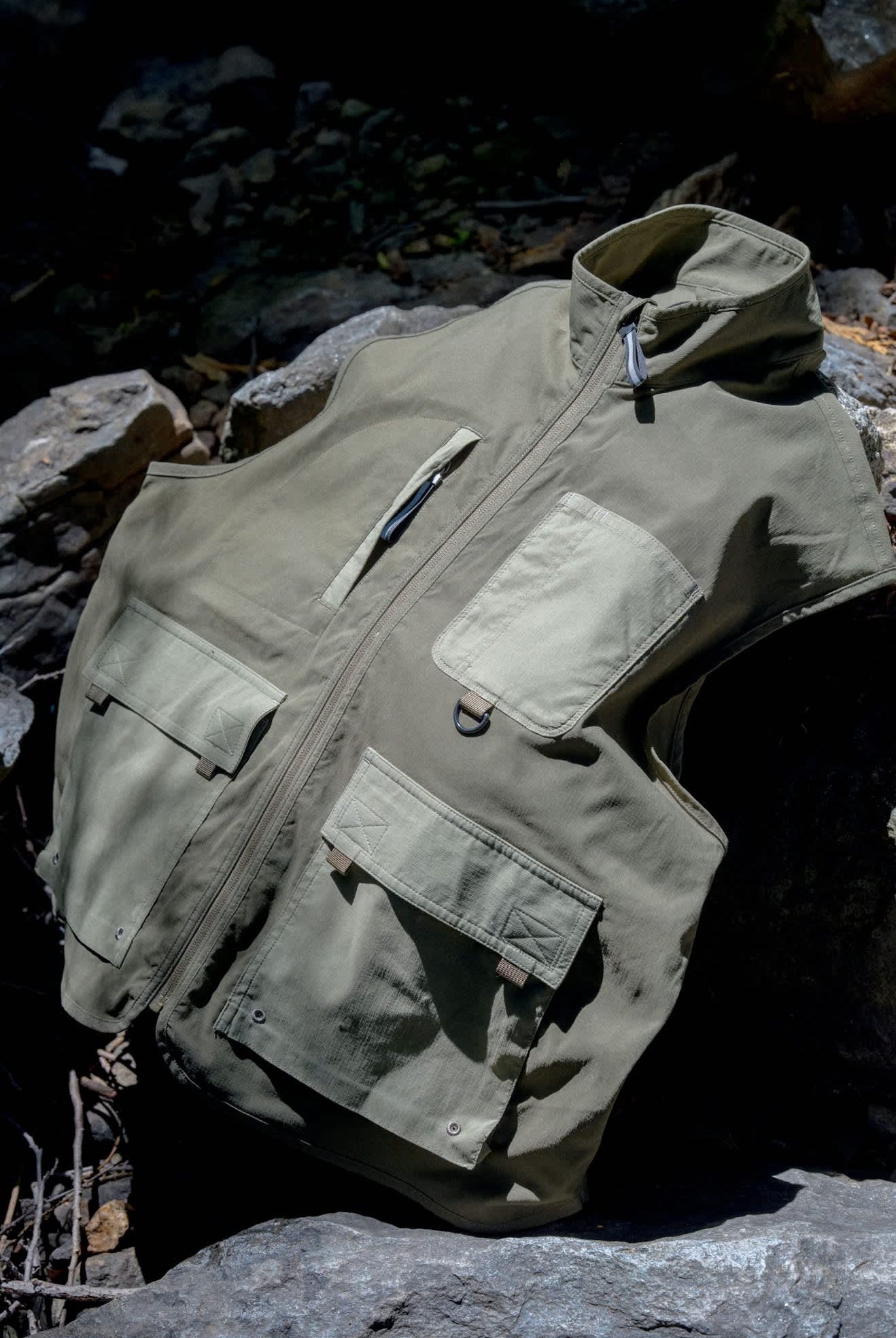 Men's Journey Utility Vest in the color Dark Olive/Olive Surplus - Additional Laydown image