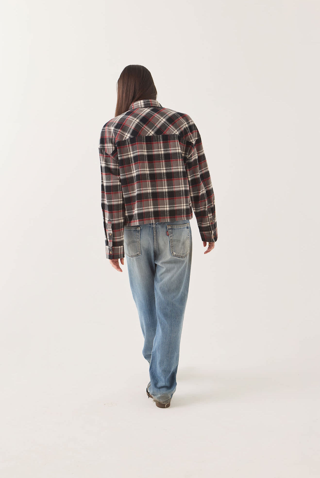 Women's Bowery Crop Women's Overshirt in the color Washed Black Plaid - Women's Back View