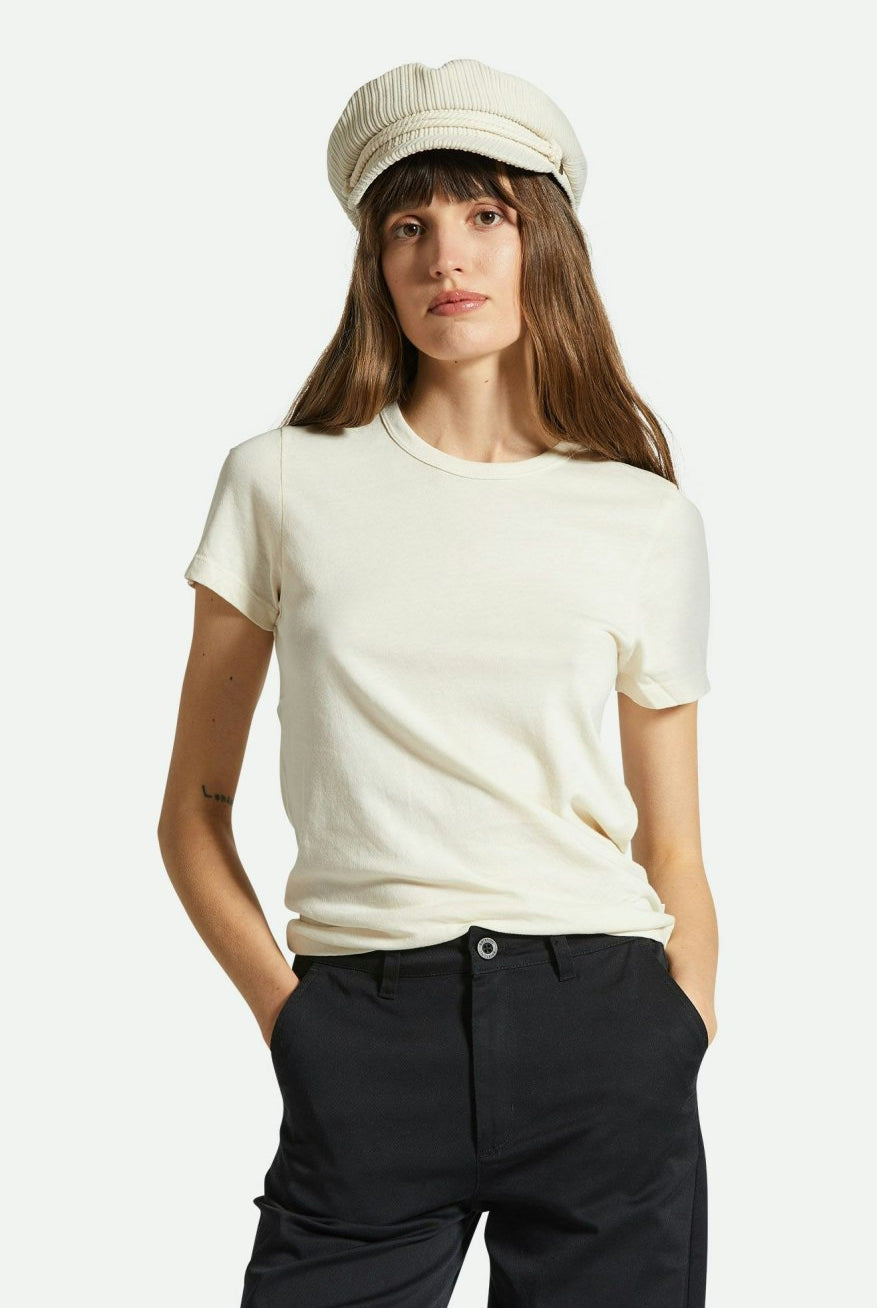 Brixton Women's Carefree Organic Garment Dye Slim Crew T-Shirt - White Smoke | Front fit