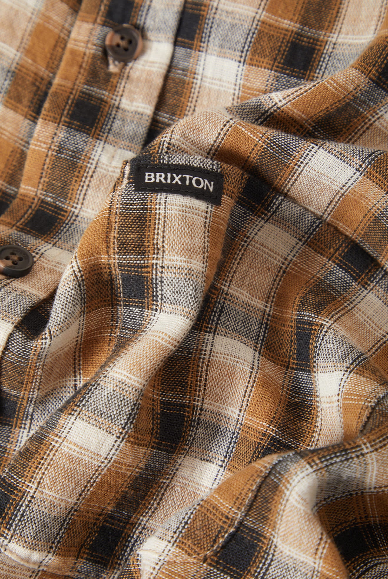 Men's Cru Linen Blend Plaid Short Sleeve Shirt in the color Black/Tobacco Plaid - Additional Laydown image