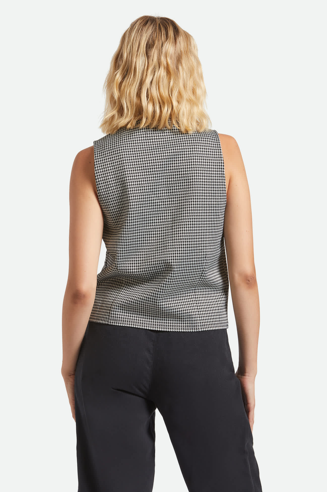 Women's Houndstooth Leisure Vest in the color Winter White/Black - Women's Back View