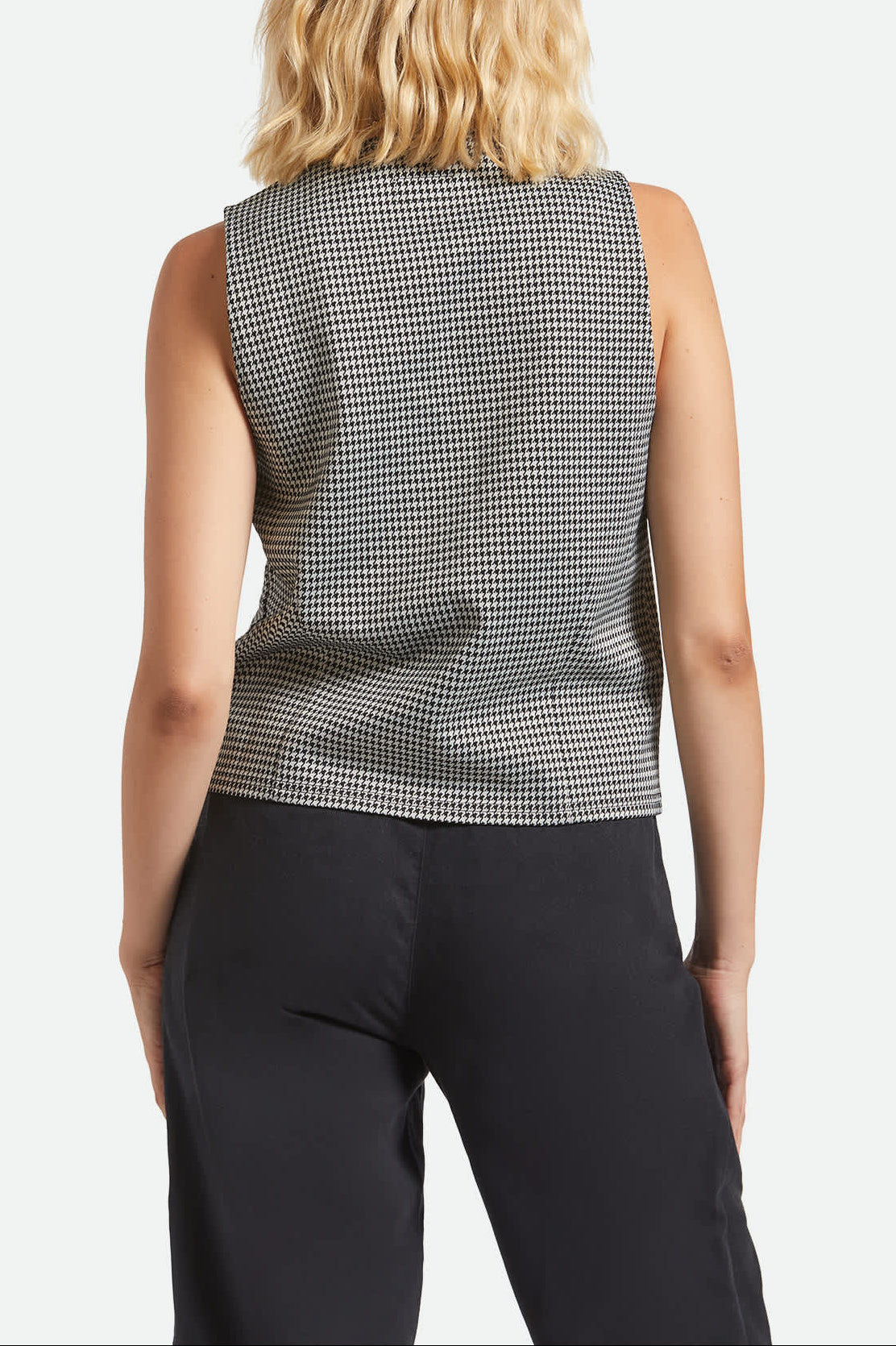 Women's Houndstooth Leisure Vest in the color Winter White/Black - Women's Back View