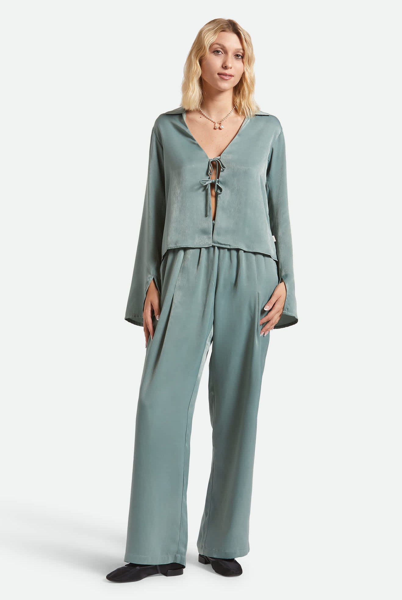 Women's Soho Silky Pant in the color Blue Green Shine - Women's Back View
