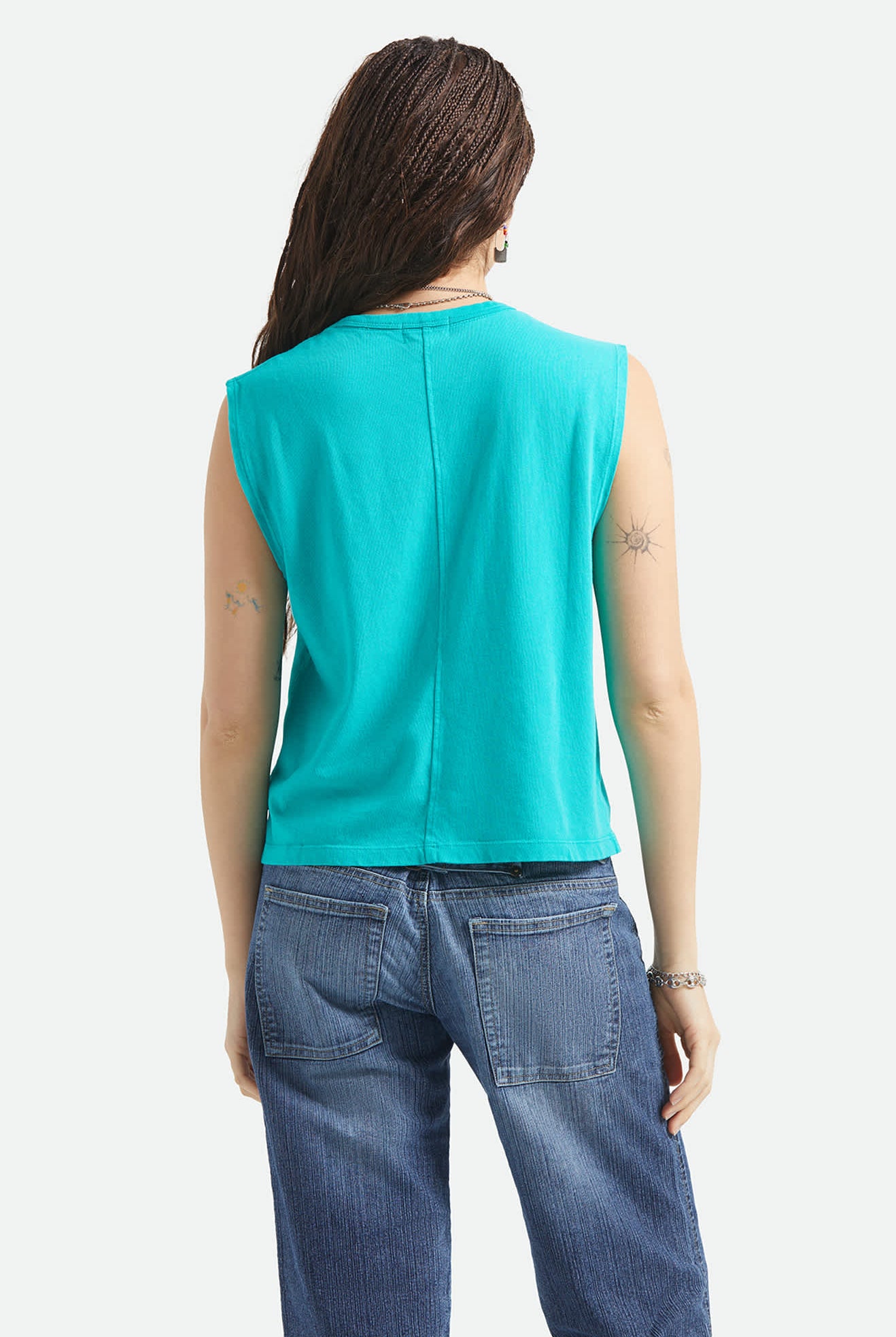 Women's Carefree Organic Garment Dye Muscle Tank in the color Retro Green - Women's Back View