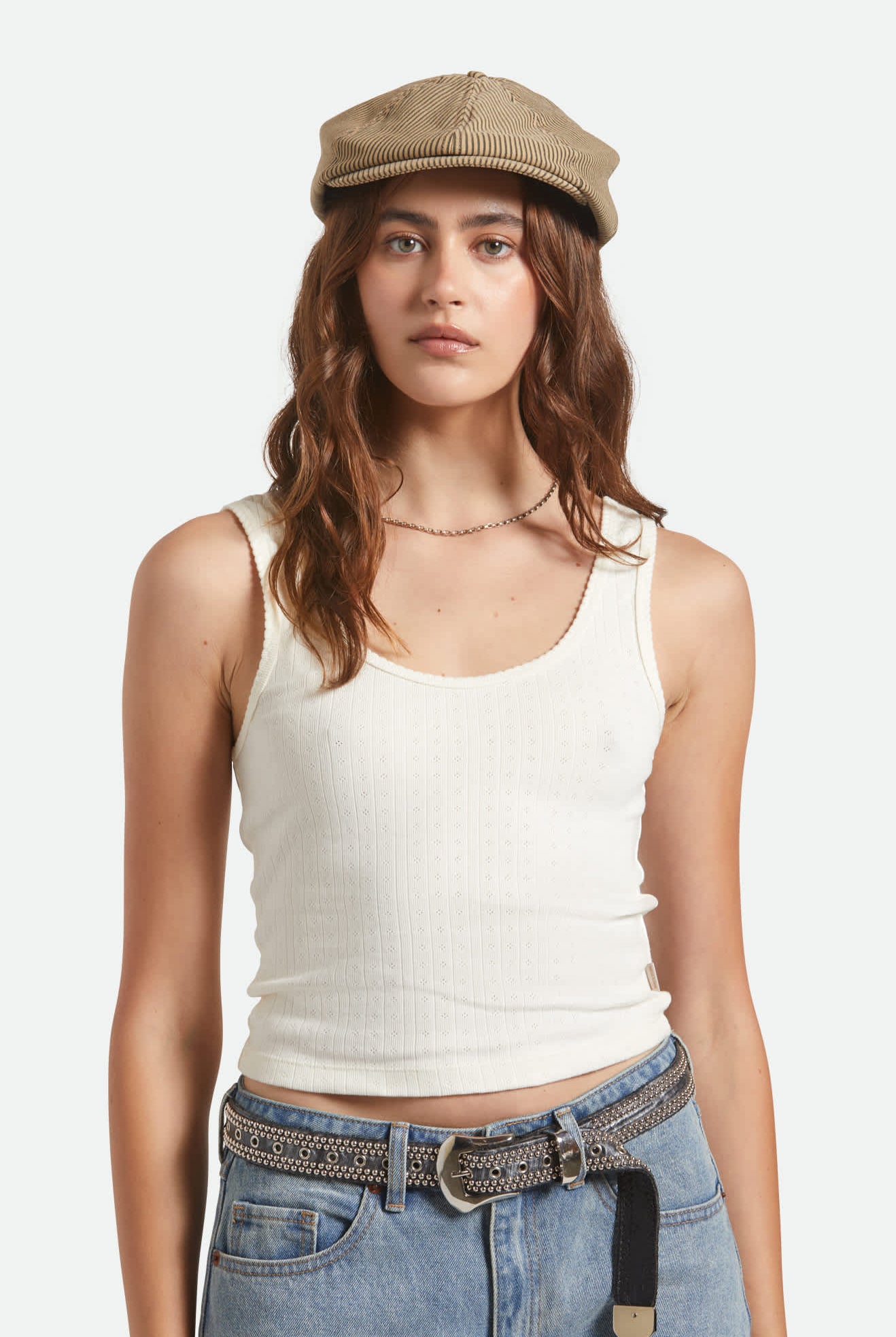 Unisex Brood Newsboy Cap in the color Dark Tan/Black Hickory Stripe - Women's Front View