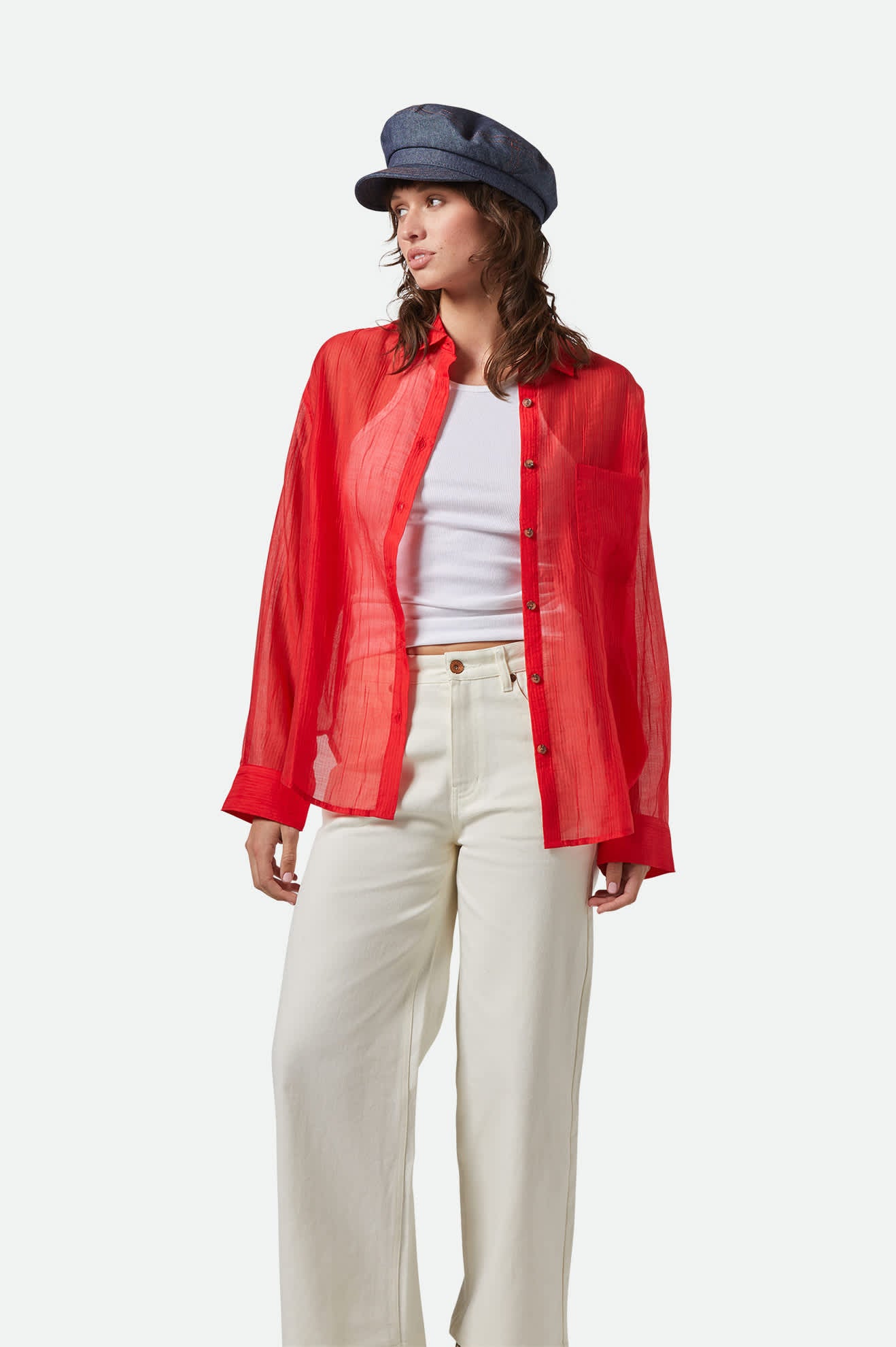 Women's East Side Boxy L/S Button Down in the color Crimson - Additional Fit image
