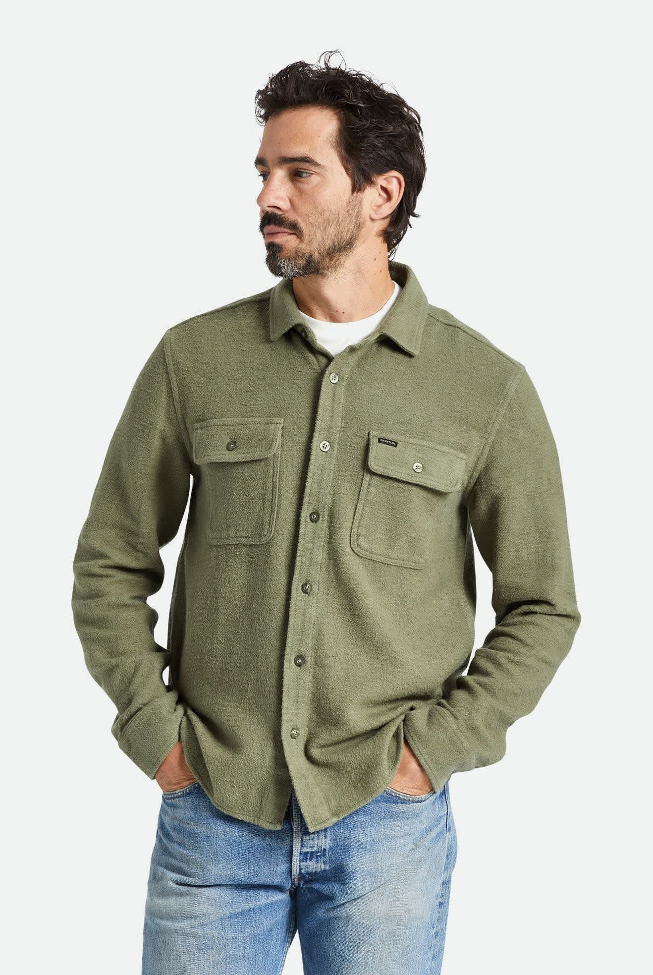 Men's Bowery Textured Loop Twill L/S Overshirt in the color Olive Surplus - Additional Fit image