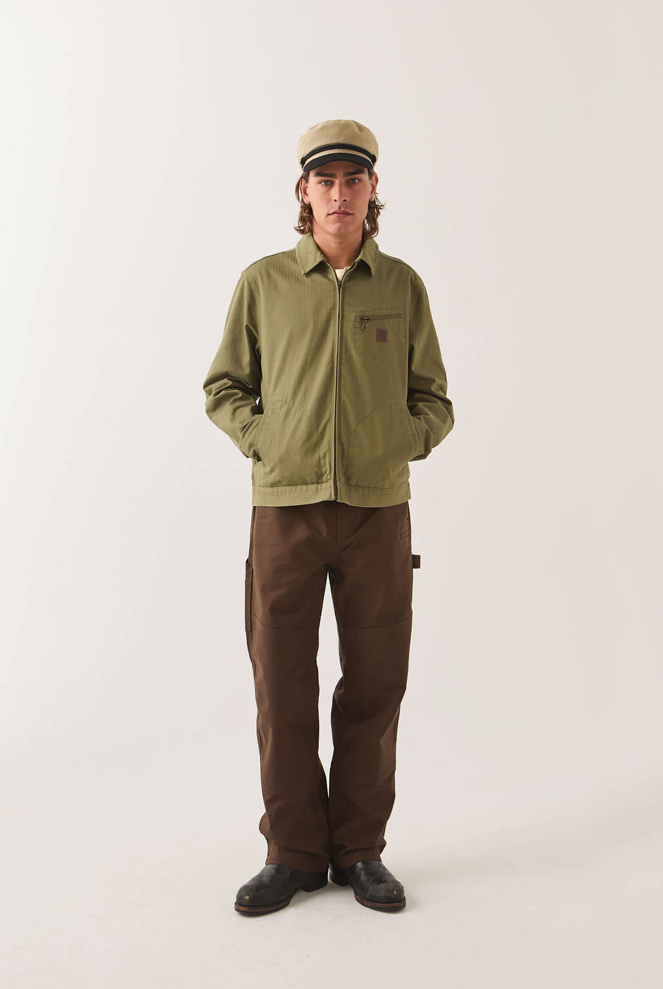 Men's Mechanic Garage Zip Jacket in the color Olive Surplus Herringbone - Men's Front View