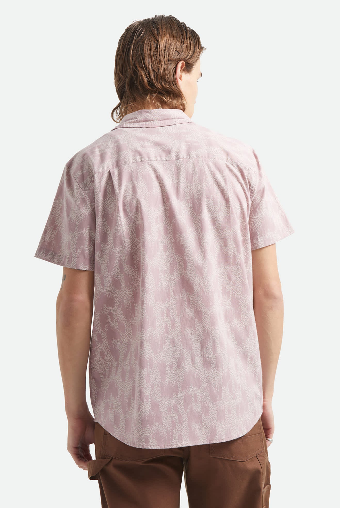 Men's Charter Print Short Sleeve Shirt in the color Dark Pink/Silver Crackle Paint - Men's Back View