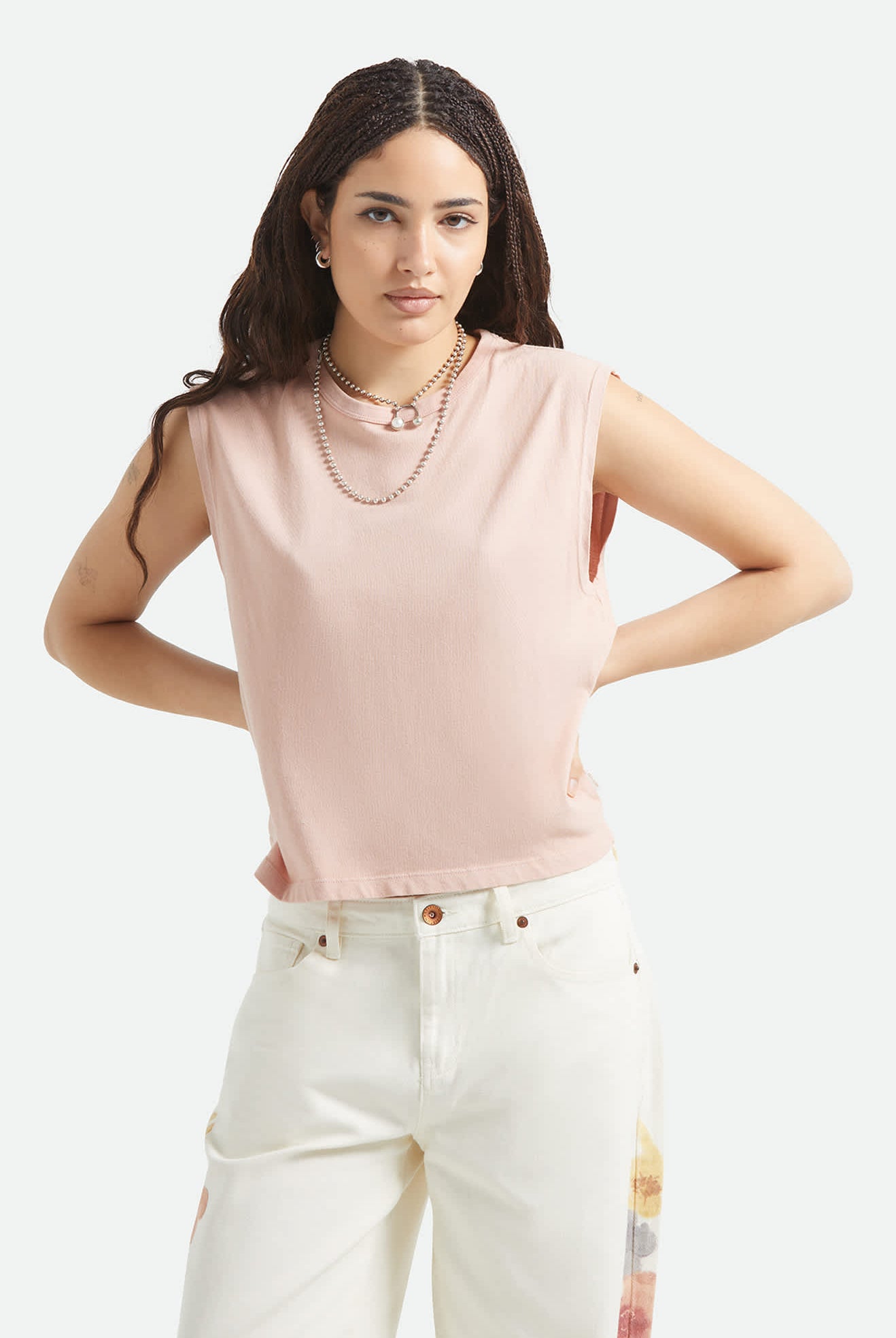 Women's Carefree Organic Garment Dye Muscle Tank in the color Silver Pink - Women's Front View