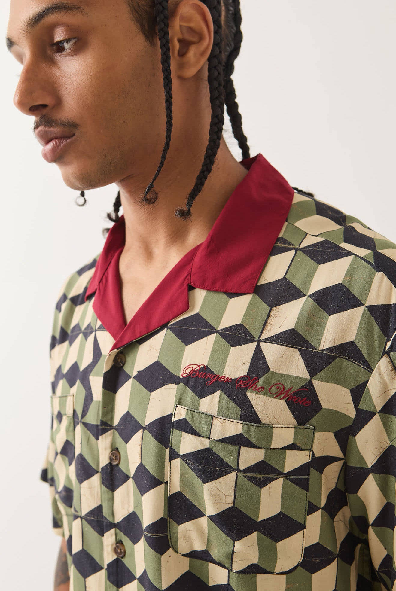 Men's Burger She Wrote Shirt in the color Black/Green Tile - Men's Side View