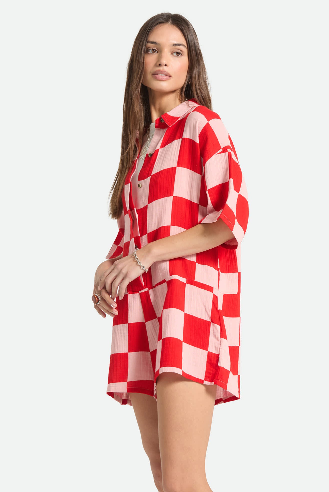 Women's The Getaway Romper in the color Silver Pink/Adrenaline Rush Checkerboard - Women's Side View
