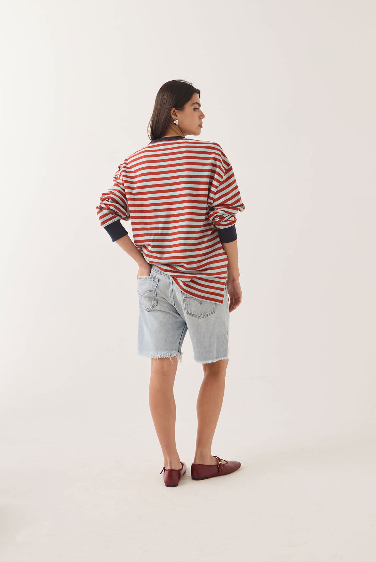 Women's Retro Rugby Polo in the color Sea Grass/Rust - Women's Back View