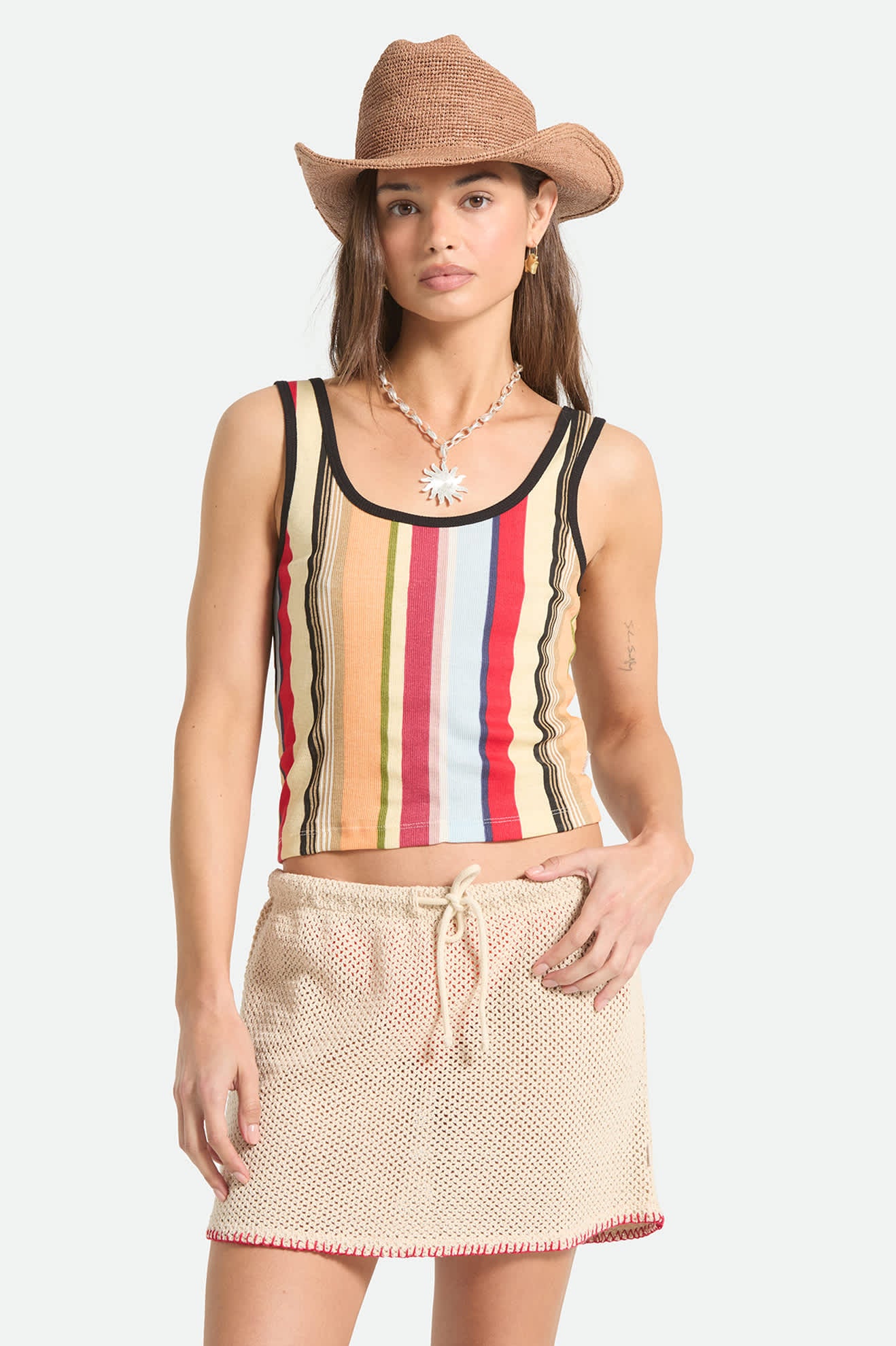 Women's Ringer Organic A-Tank in the color Peach Cobbler Multi Stripe - Women's Front View