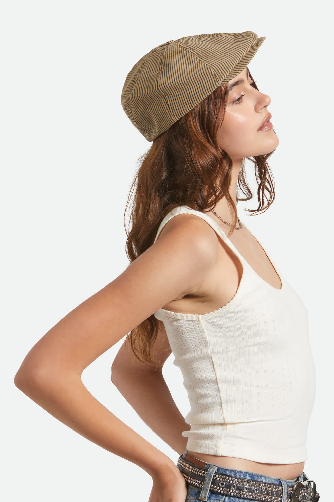Unisex Brood Newsboy Cap in the color Dark Tan/Black Hickory Stripe - Women's Side View