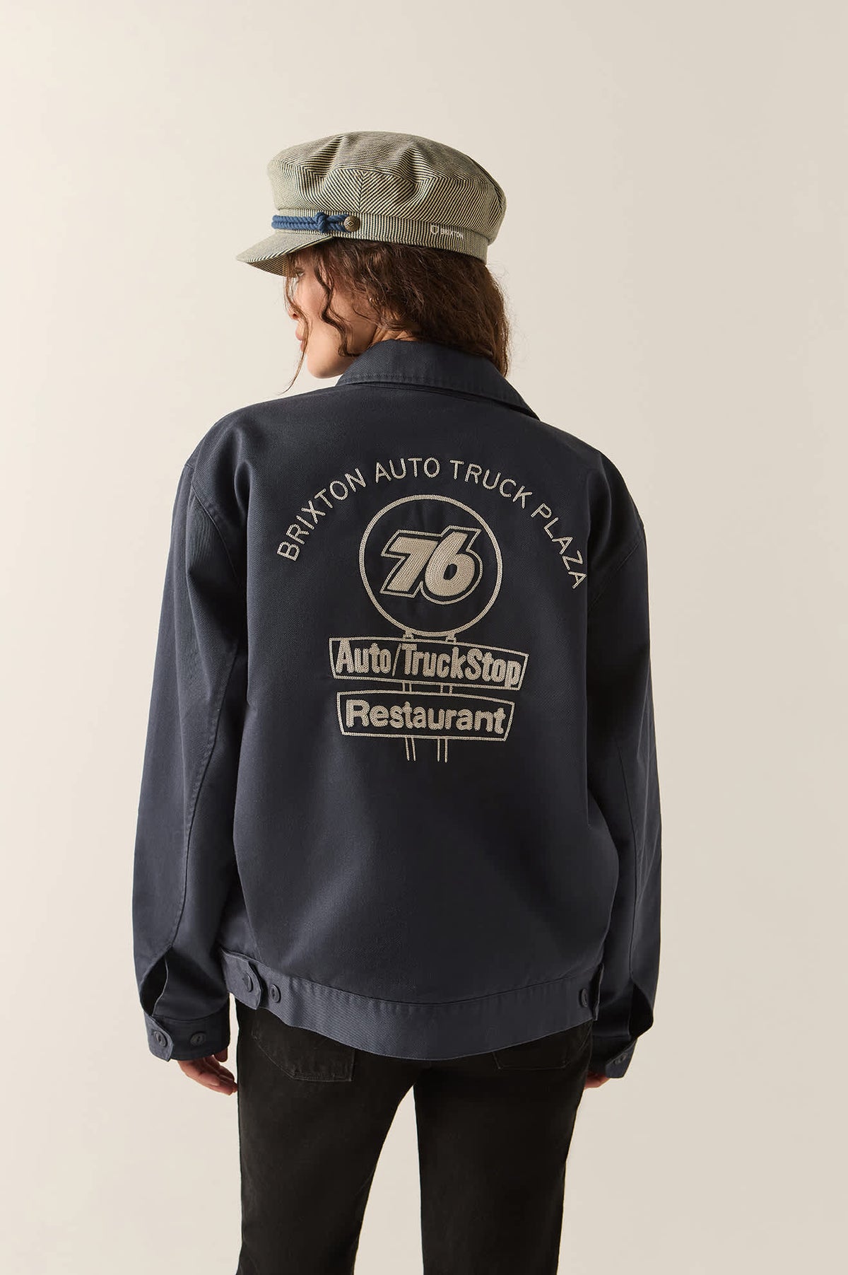Men's 76 Mechanics Jacket in the color Washed Navy - Women's Back View