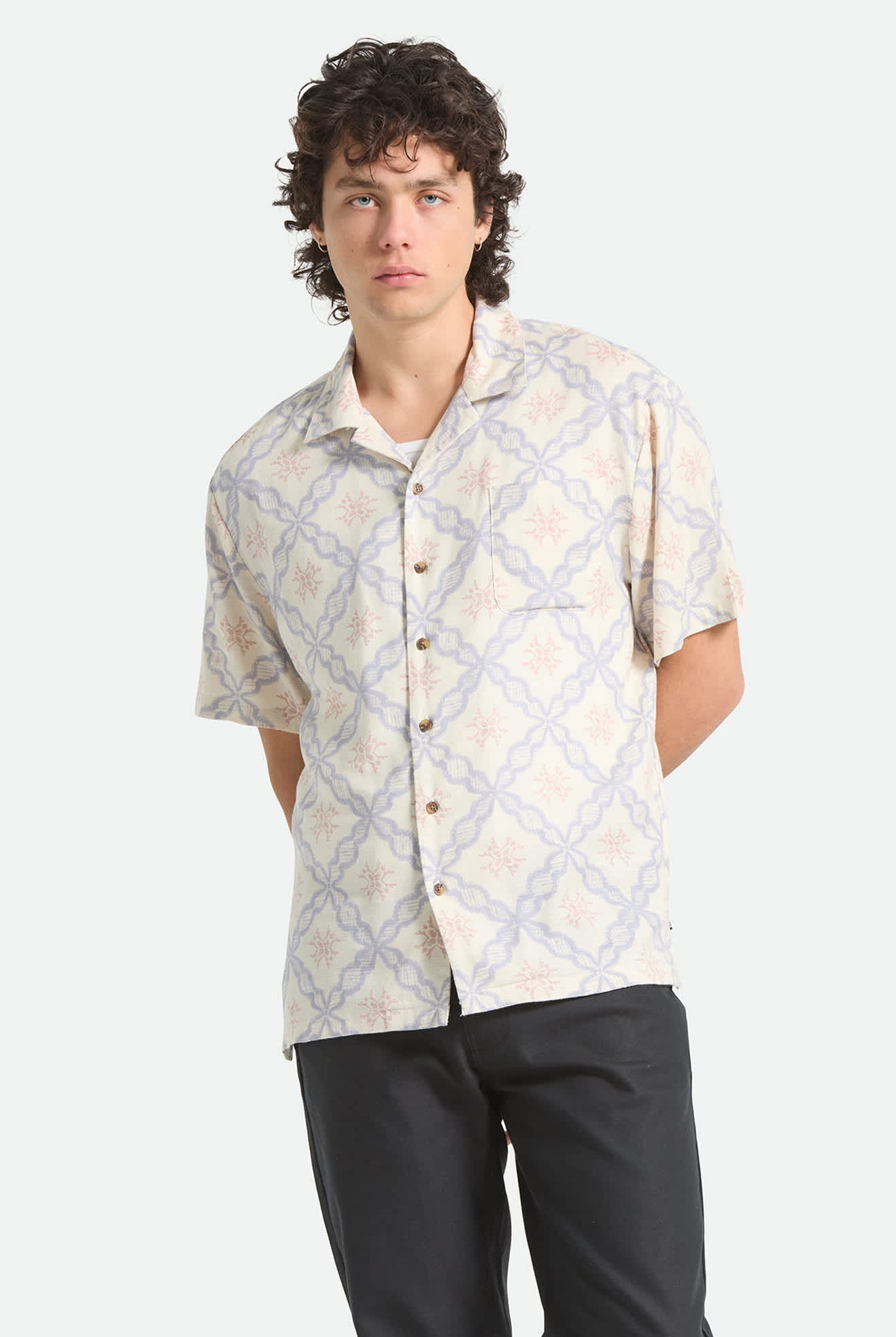 Men's Bunker Slub Short Sleeve Shirt in the color Off White/Blue Tile - Men's Front View