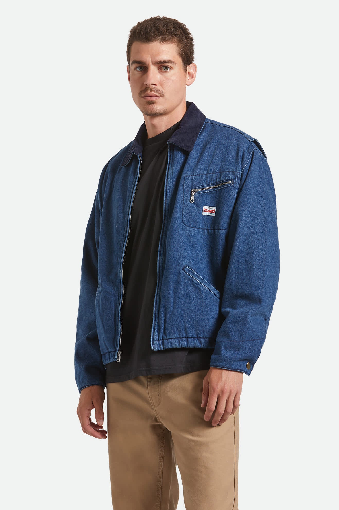 Men's Altered Threads Lined Garage Jacket in the color Medium Wash Denim - Men's Front View
