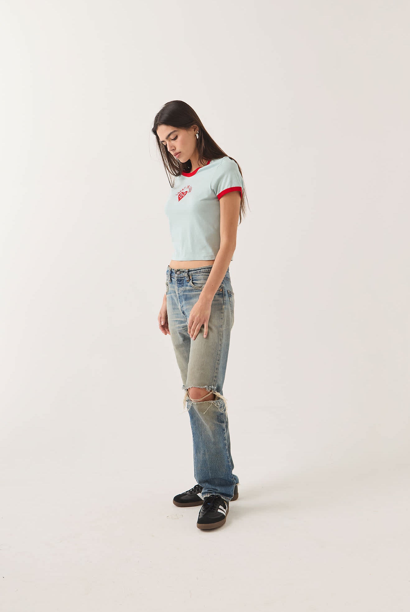 Women's Lucky In Love Baby T-Shirt in the color Sea Grass/Adrenaline Red - Women's Side View