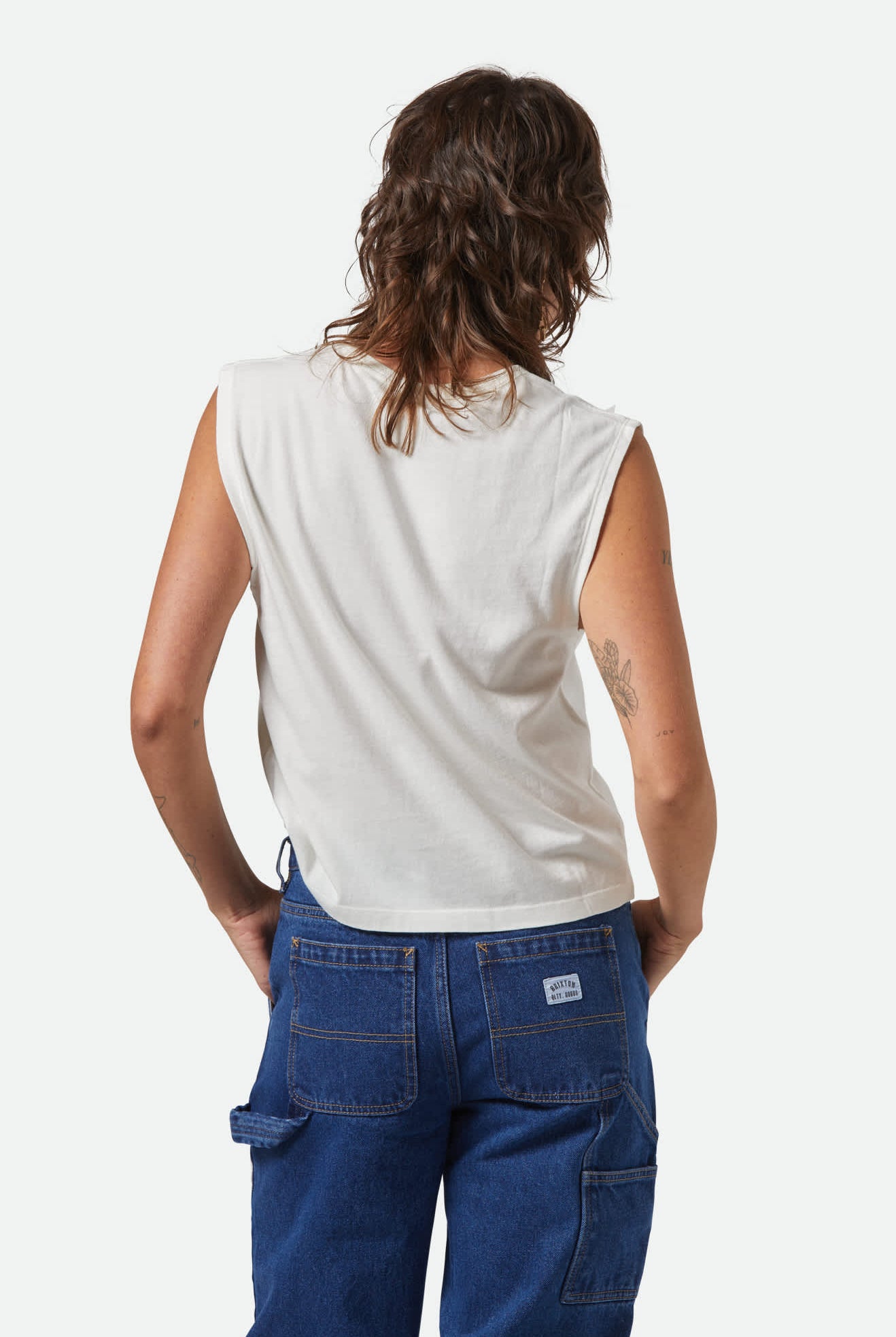 Women's Carefree Organic Garment Dye Muscle Tank in the color Off White - Women's Back View