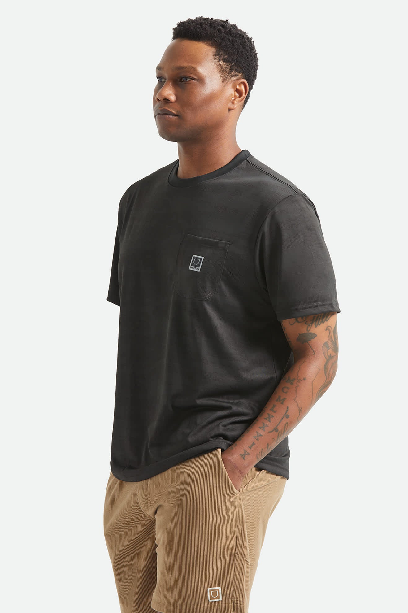 Men's Journey Short Sleeve Pocket T-Shirt in the color Black Tiger Camo - Men's Side View