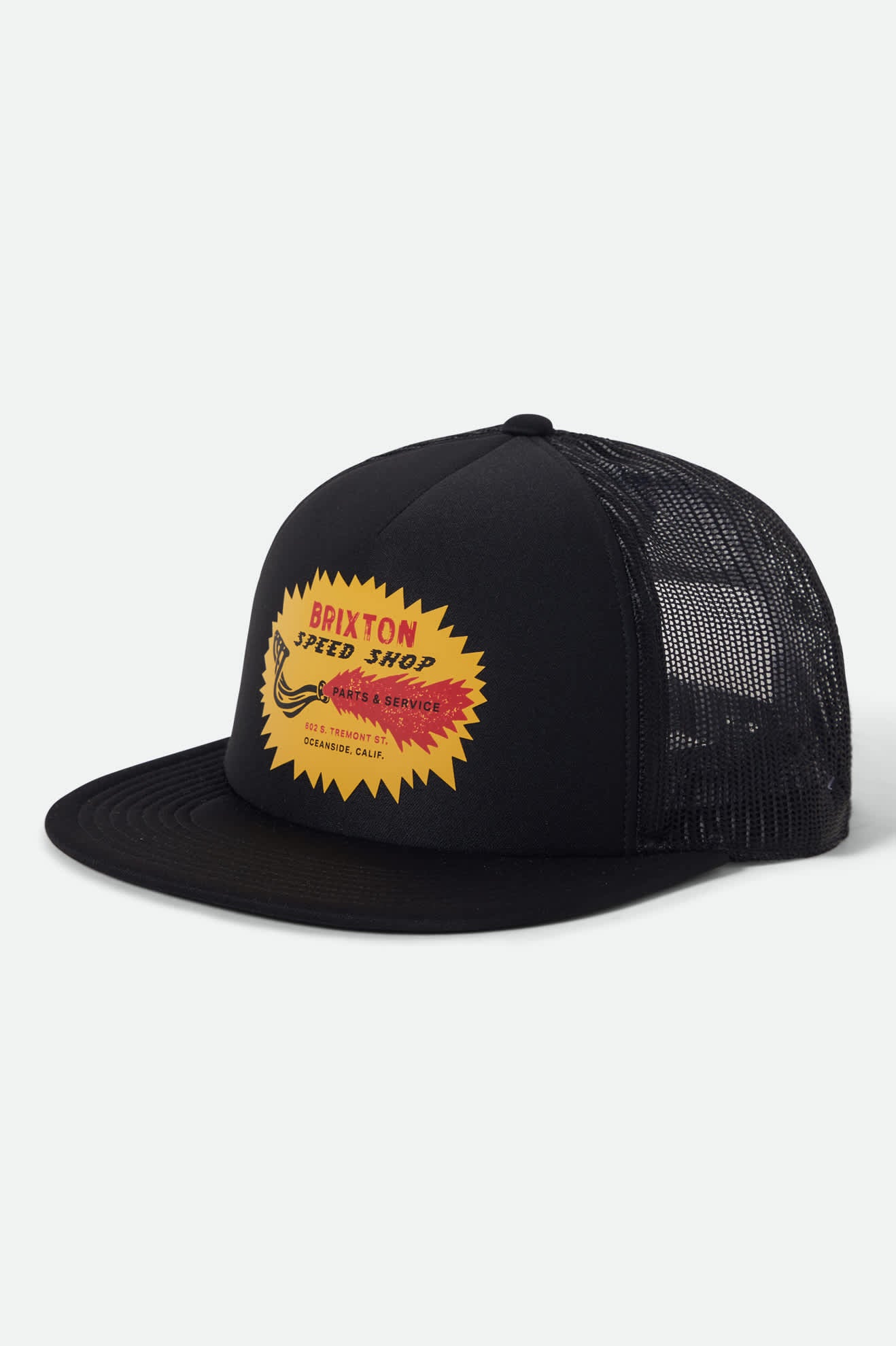 Unisex Mavis NetPlus Trucker Hat in the color Black/Black - Front Product View