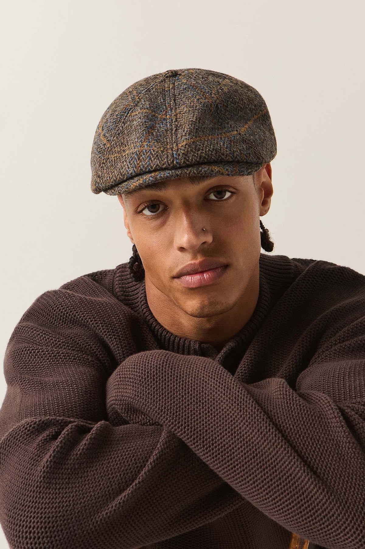 Unisex Brood Newsboy Cap in the color Slate Blue/Sepia/Orange - Men's Front View
