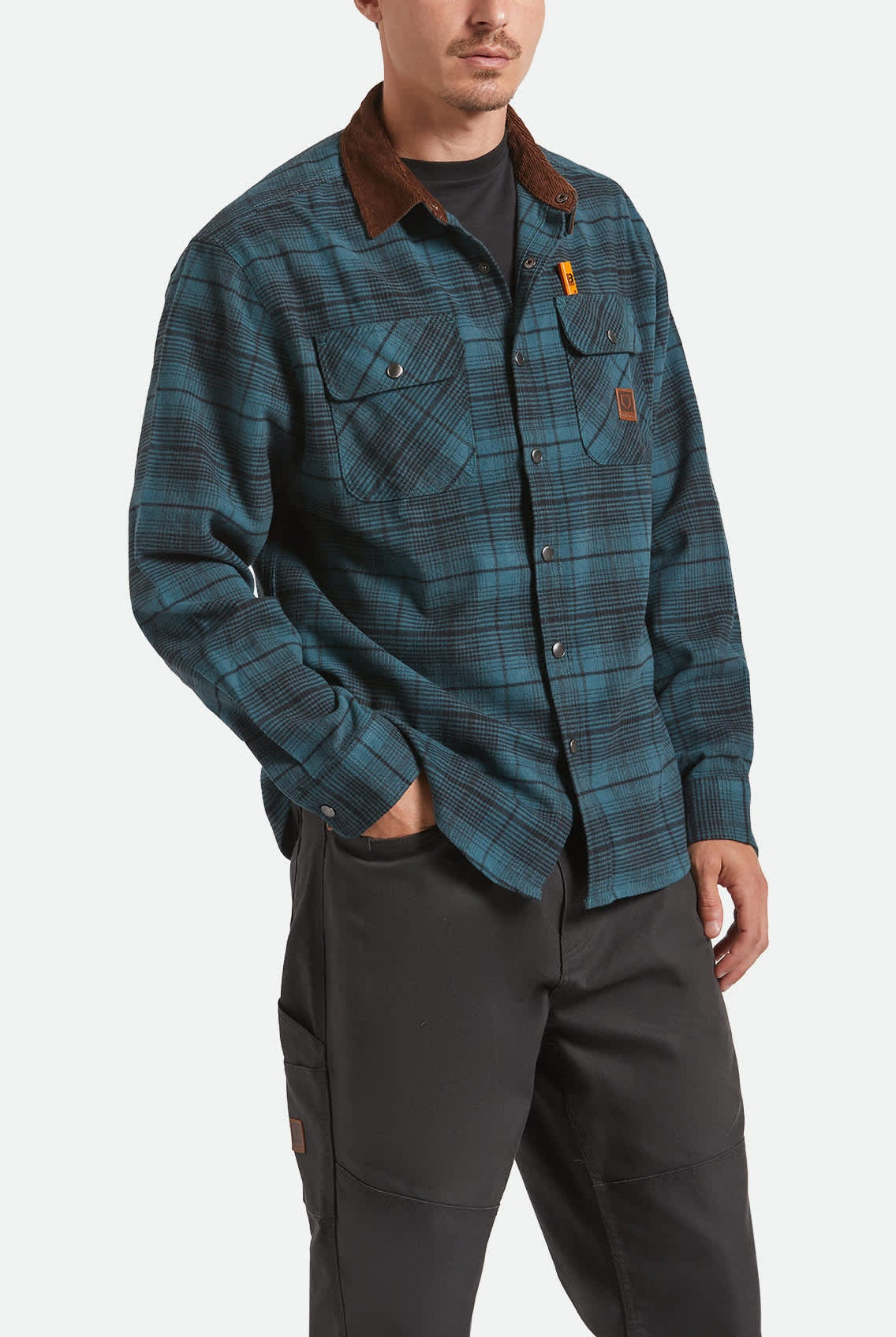 Men's Builders Bowery Stretch Water Resistant Flannel in the color Night Sage/Black - Men's Front View