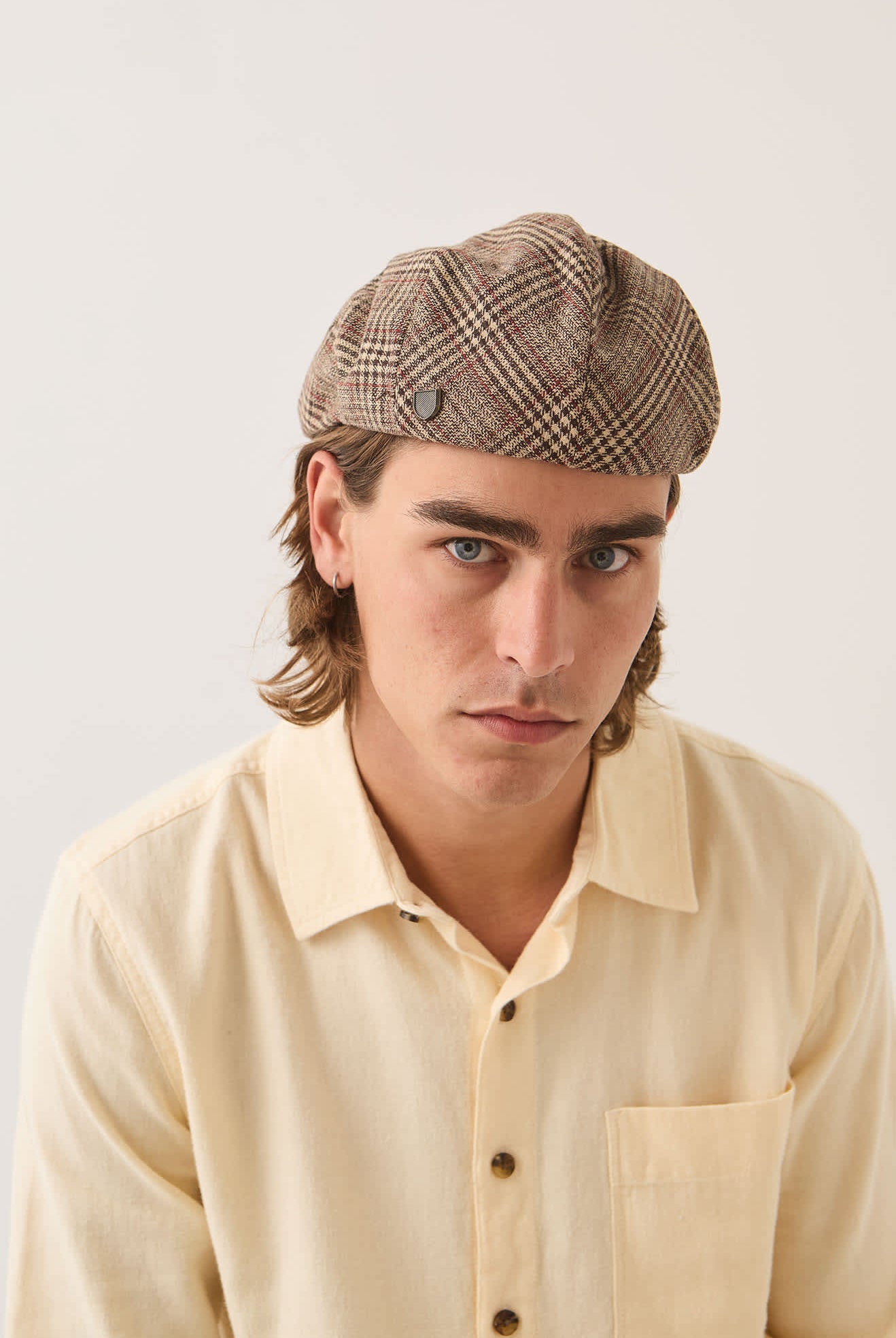 Unisex Hooligan Flat Cap in the color Brown/Tan/Red Plaid - Men's Front View