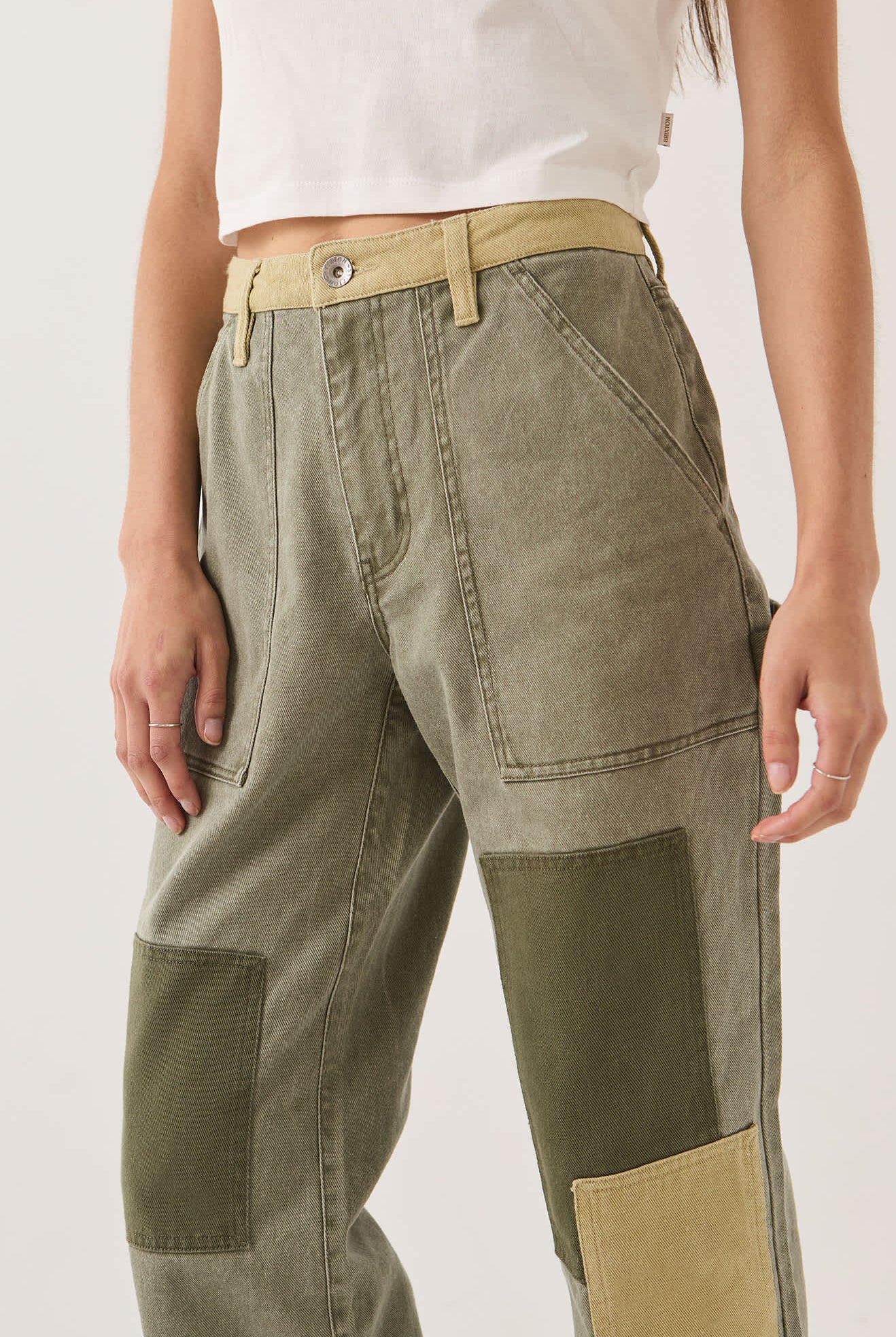 Women's Essex Patchwork Painter Pant in the color Vintage Olive Patchwork - Additional Fit image