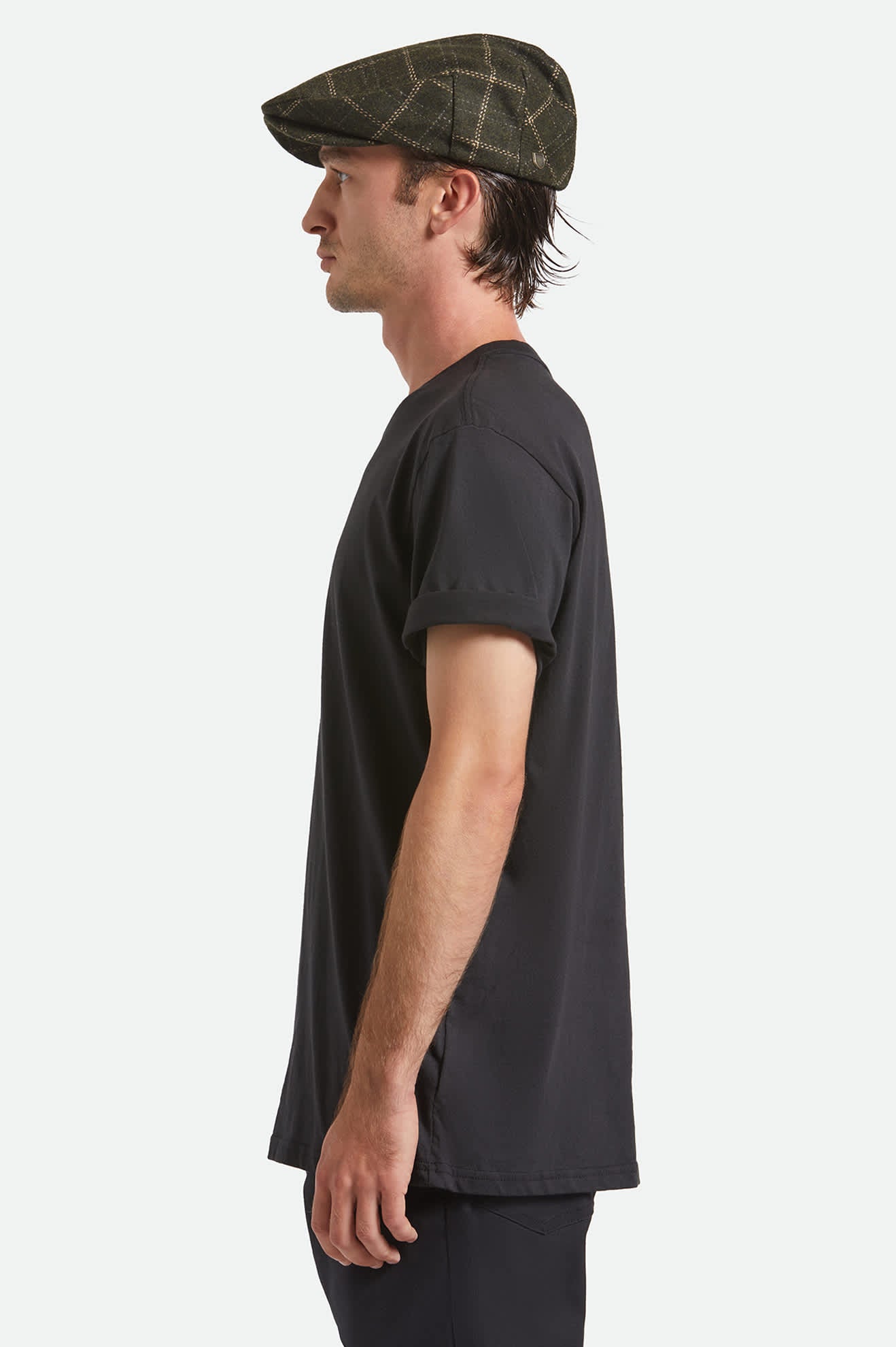 Unisex Barrel Flat Cap in the color Moss/Sand - Men's Side View