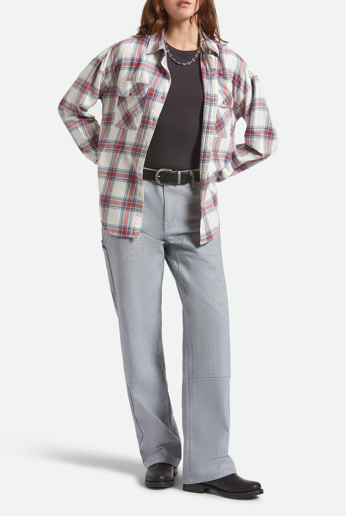 Women's Bowery Vintage Overshirt in the color Off White/Berring Sea/Red - Additional Fit image