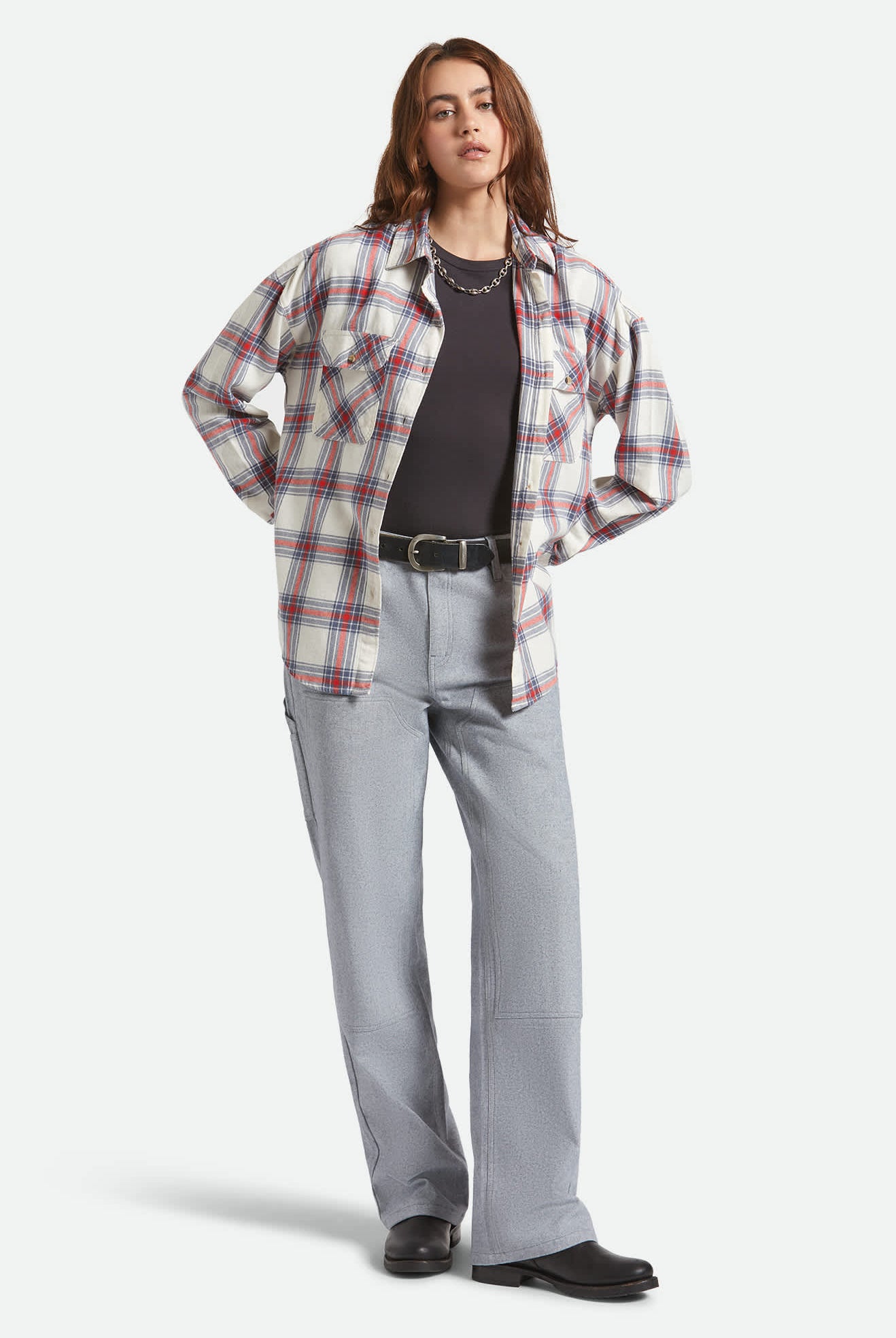 Women's Bowery Vintage Overshirt in the color Off White/Berring Sea/Red - Additional Fit image