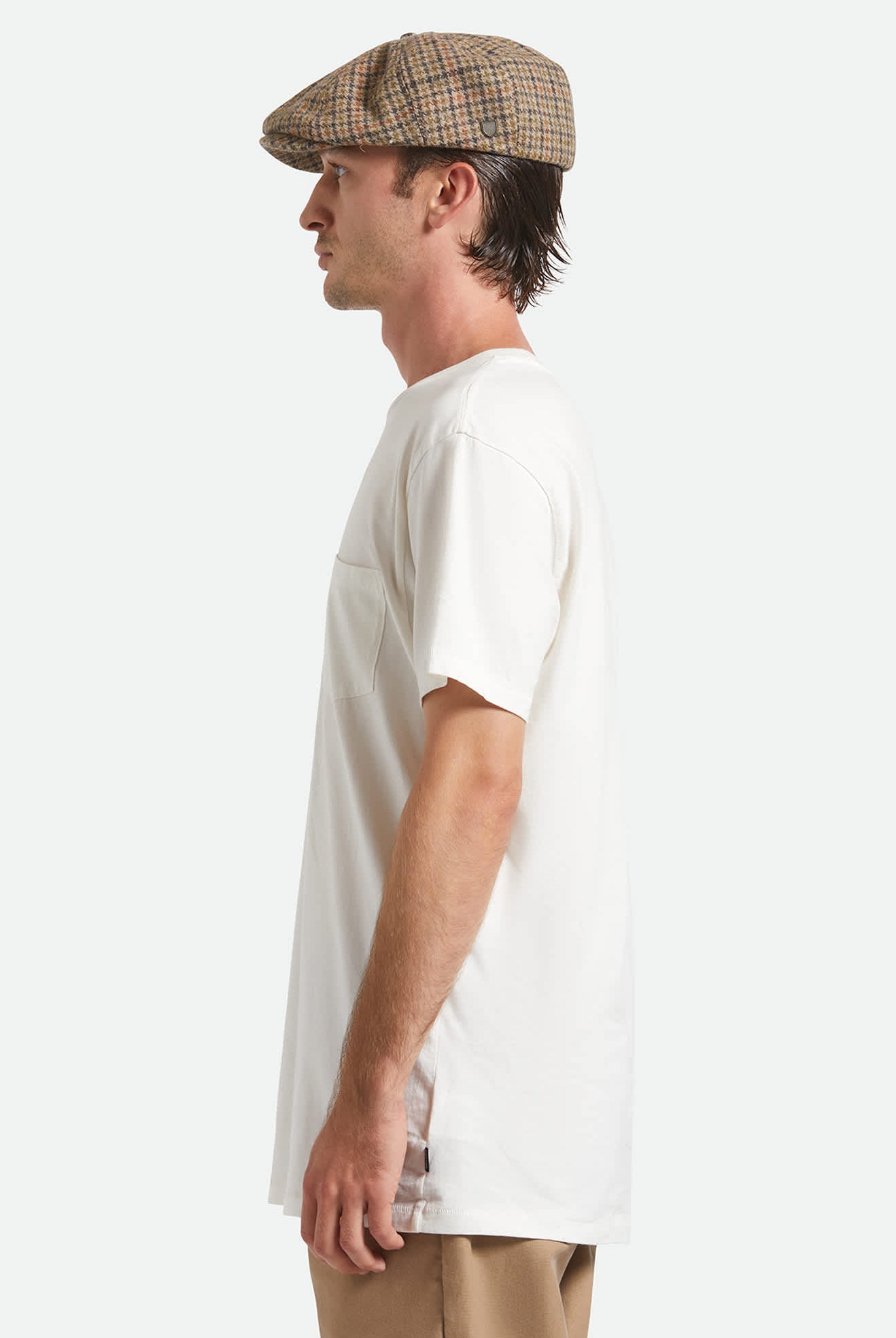 Unisex Brood Newsboy Cap in the color Oatmeal/Charcoal Houndstooth - Men's Side View