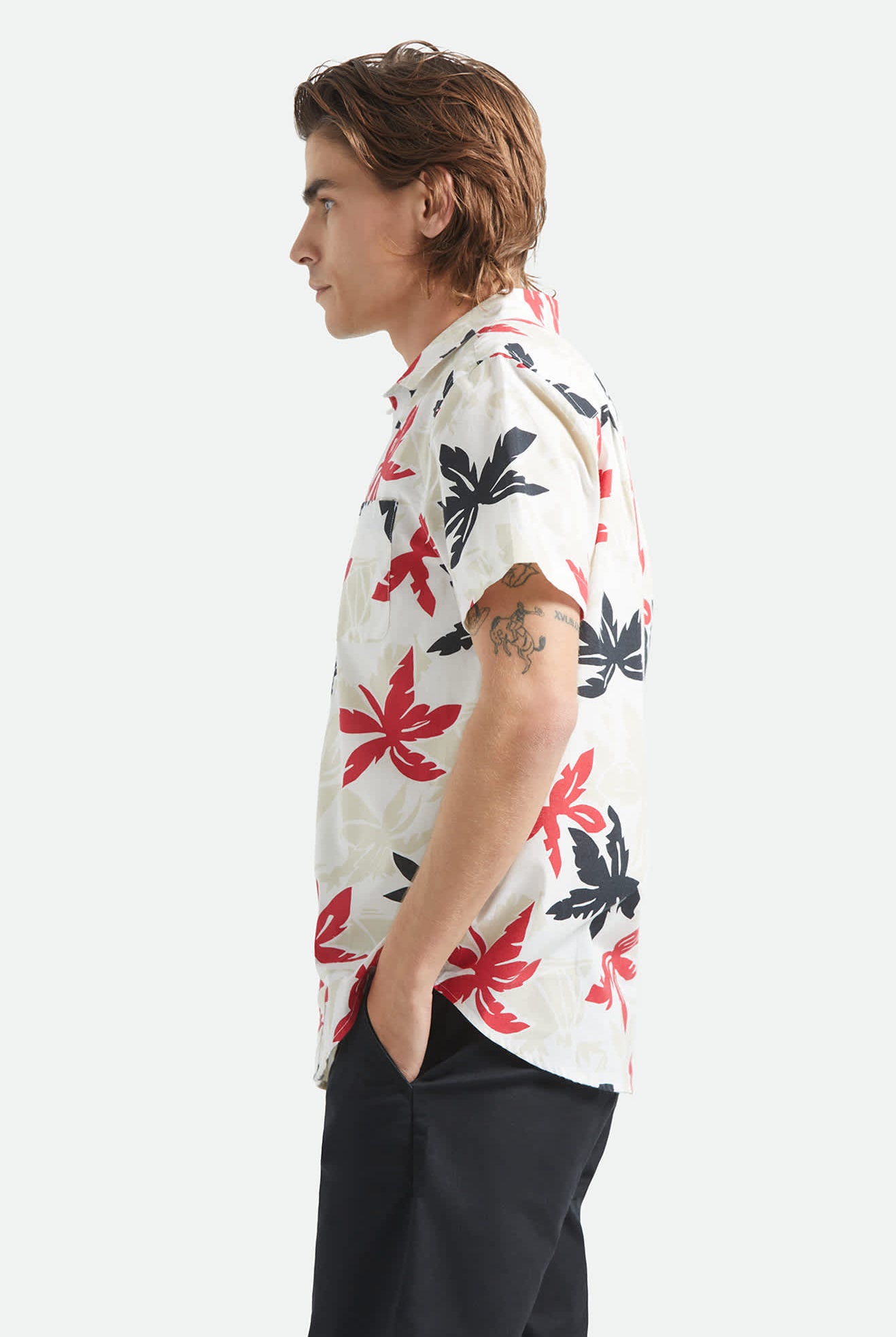 Men's Charter Print Short Sleeve Shirt in the color Off White/Black/Red Palm Floral - Men's Side View