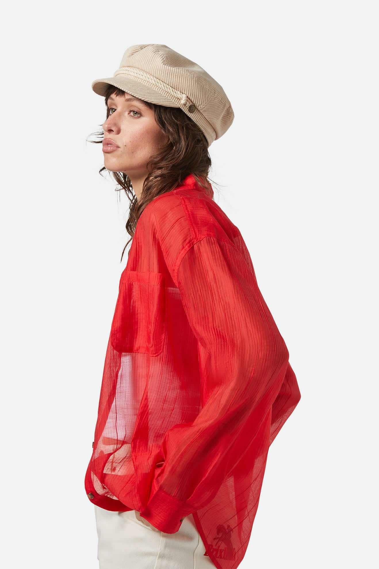 Women's Fiddler Fisherman Cap in the color Macadamia Cord - Women's Side View