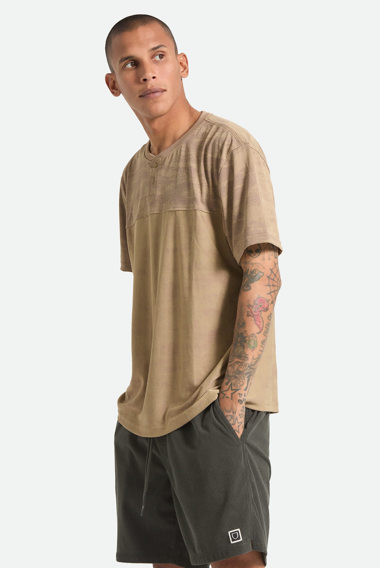 Men's Journey Short Sleeve Henley in the color Desert Tiger Camo - Men's Side View