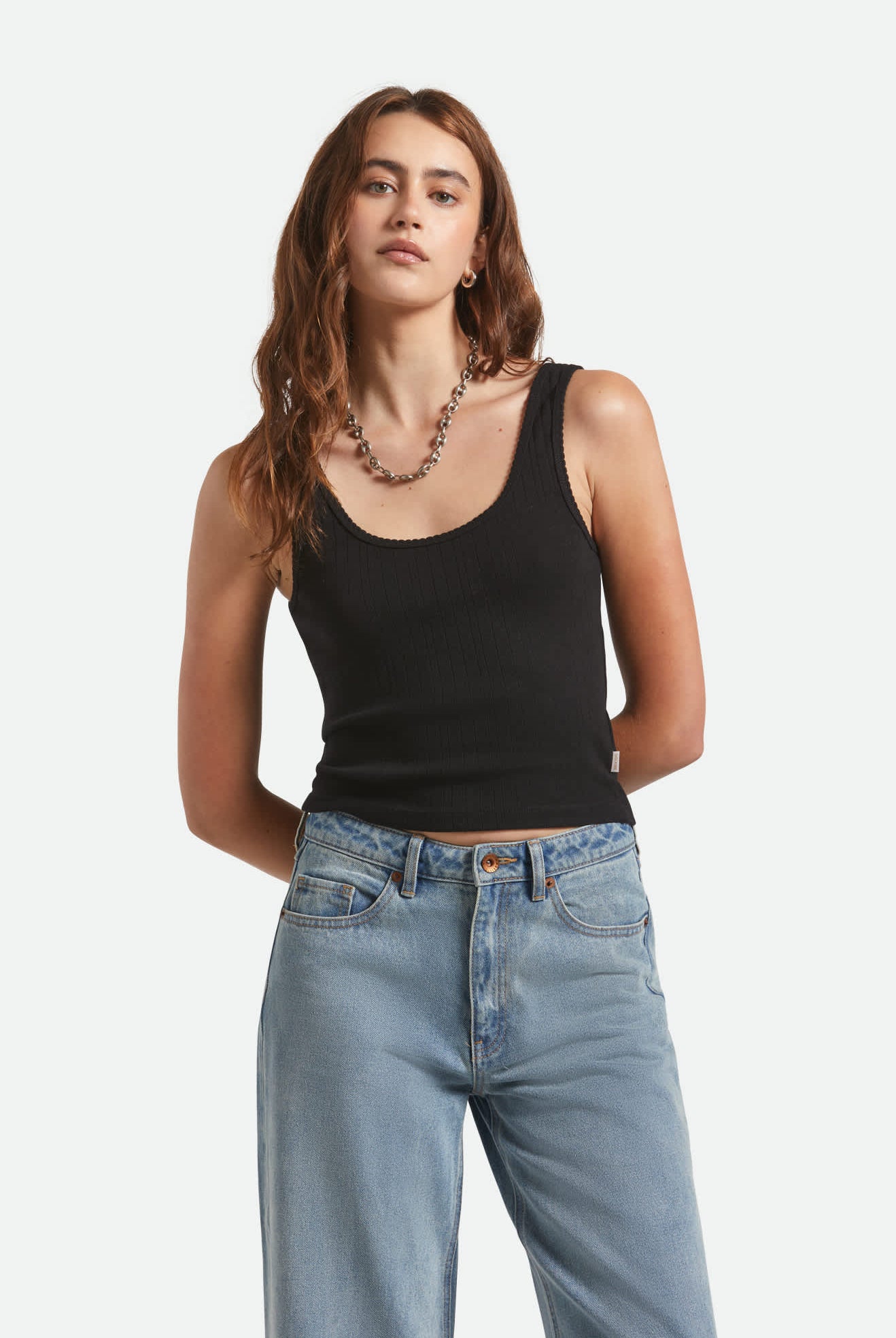 Women's Pointelle Slim Fit Tank in the color Black - Women's Front View