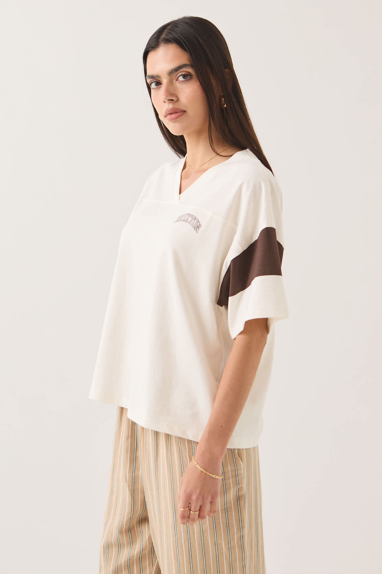 Women's Brixton Boxy Cropped Football T-Shirt in the color Off White - Women's Side View